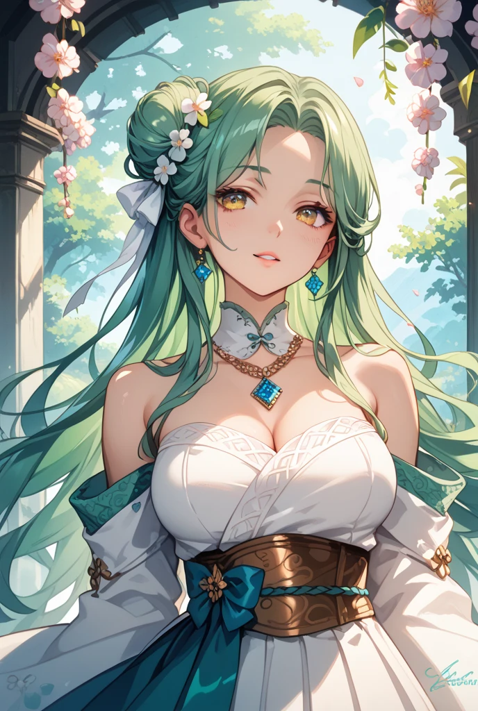 (masterpiece, best quality), 1girl, solo, breasts, (hundreds of flowers:1.15), (slender), goddess of beauty, cowboy shot, princess dress, Turquoise hair, fur cloak, smile, long hair, choppy bangs, (nsfw:0.7), gold accessories, gold bracelets, choker, round earrings, tiara, sky