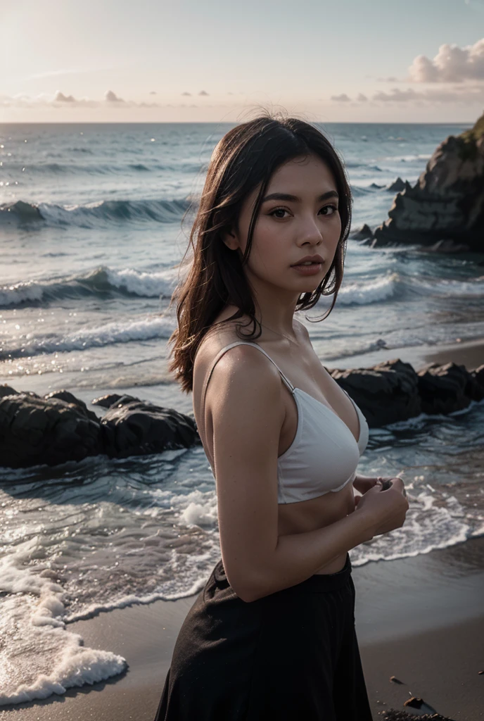 (RAW Photo, Photorealism), (((dark skin female:1.5))), ((beautiful Background, detailed background:1.2)), (((on the beautiful beach))), (((sunny))), (Very dark lip gloss, pitch black lipstick, so many eyelashes, pitch black eyeshadow, cool beauty, high quality, high resolution, depth of field, chromatic aberration, natural color, caustics, Japan, female), single woman, earrings, bracelet, Soft big, good style, slender figure, the whole body, raw legs, ((white off-shoulder bikini)), the body line is very sexy, the are sticking out, sexy luxury bikini, realistic, (Breasts, Attractive Body: 1.4), Big Breasts, ((Exposed seductive cleavage)), facing the viewer, looking the viewer, staring the viewer,8 life size, perfect anatomy, perfect proportion, seductive posing, closing mouth,