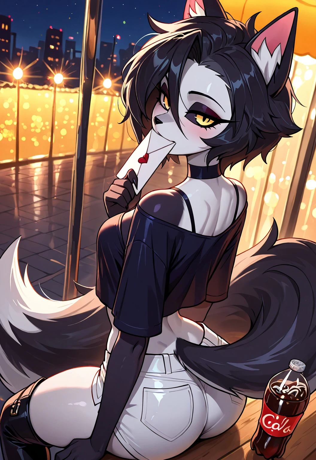 A beautiful (((anthro goth wolf goddess))) with striking (((white fur))) and confident (((black lace tights))), seductive (((smiling))) accompanied by a hint of (ominous red glowing eyes) and a (seductively pointed tail), dressed in a sleek, contemporary style that blends gothic fantasy and dark glamour, evoking a seductive, mysterious aura that defies the boundaries of reality, poised for a truly unforgettable photograph that transcends this world, into a (glowing, ethereal realm) where the ordinary meets the extraordinary