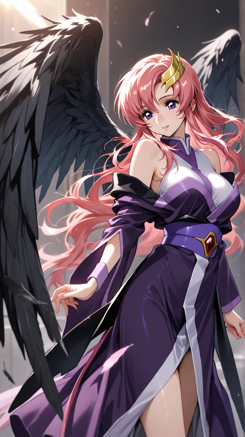 An ultra-high picture quality、(​masterpiece)、[3D images:1.15],Attractive eyes、[[A detailed eye、Colorful eyes、radiant eyes:1.15]]、Attractive large wings、Black Wings of Darkness、Cowboy Shot,8ＫImagen、(top-quality:1.2),illustratio、Red and white attire、full-body view、Fallen Angel、(((\Asuna fell into the darkness with purple hair and purple eyes\)))、Attractive petite cute girl, Highly detailed CG Unity 8k wallpaper,