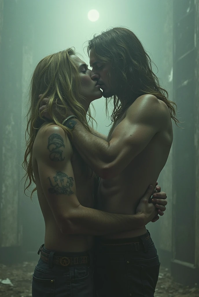 a dirty homeless man with a long black beard and long hair covered in mud, and Completely naked 18 years old slim blonde girl under bridge
