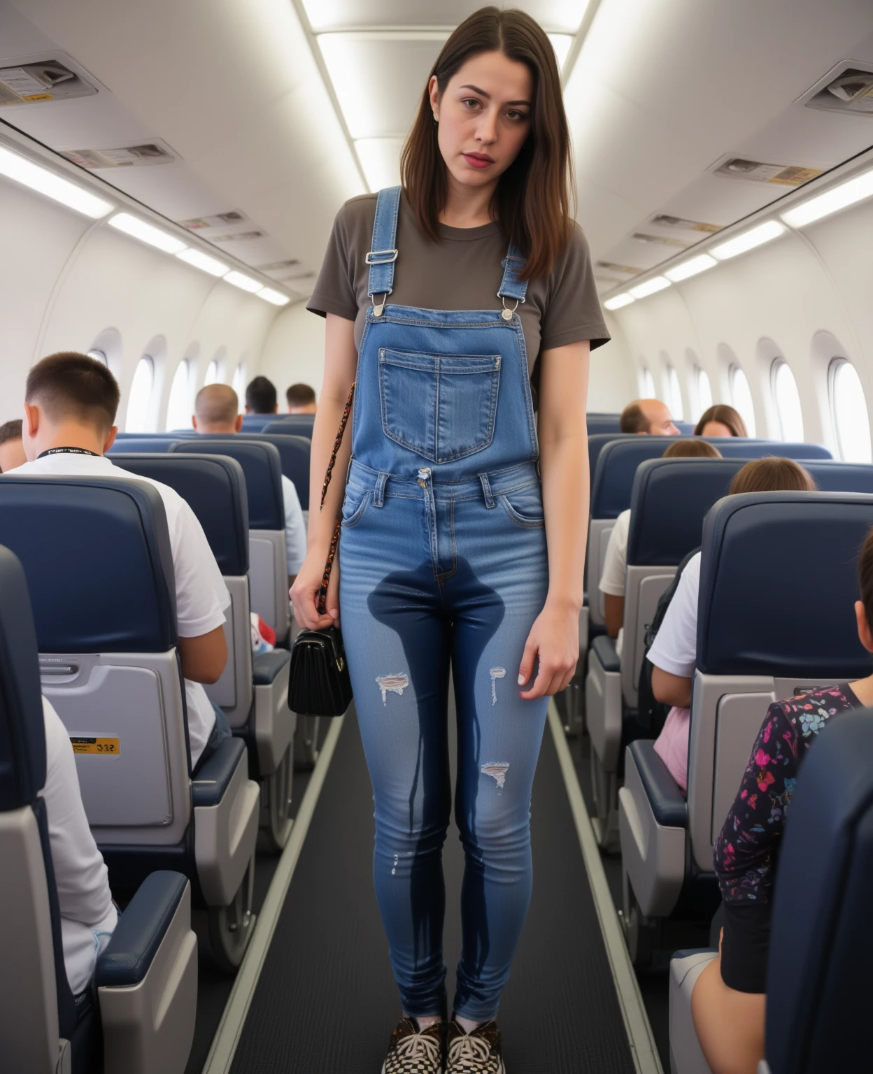 a red hair 26 year old female with a big ass in a spacious business class jet posing for the camera on a recliner wearing tight jeans and a crop top