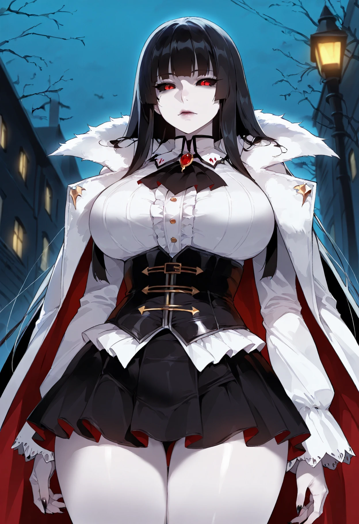 1girl, black hair, long hair, pointy ears, demon girl, red eyes, (pale skin:1.3), fur-trimmed coat, black dress, expressionless, closed mouth, red moon, castle