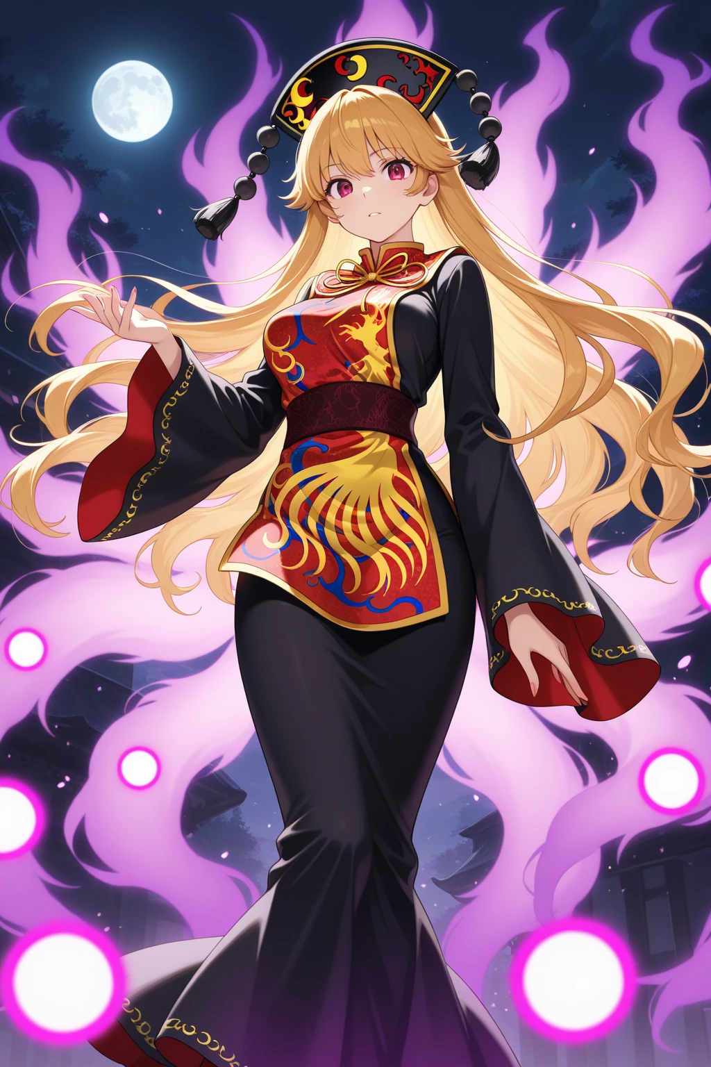 (full body,A Cup,The left hand is on the hip,The right hand is hidden),Fox woman, Furry, Golden fur, Golden facial fur, long golden hair, The hair on his hands is golden, Golden yellow hair on the back of the hand, Light-filled eyes, Red eyes, Brown elements of fur,Hakama,Very fine fur, Fluffy tail,A Cup