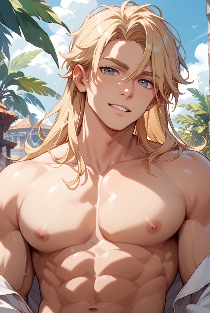 high quality, detailed, Realistic, (one 16 years old japanese boy), (detailed blue eyes), (abs:1.5), (shiny skin), detailed nipples, blond hair, (black tiny thong), (erected bulge), summer beach, (smile:0.8), close up face, (sweat:1.4), (cum:1.4), (cum on chest),