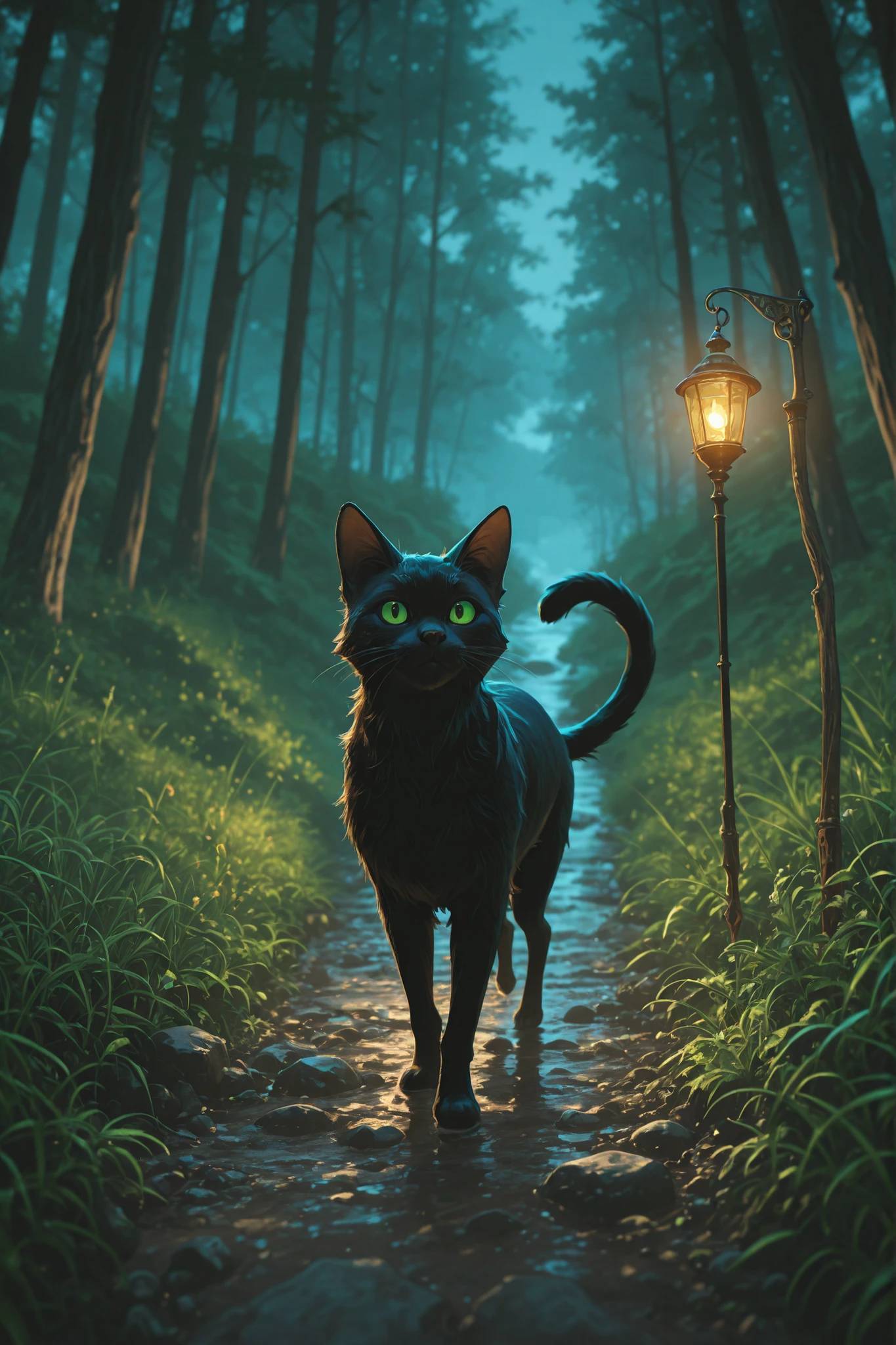 Cinematic Frame, , quality photo, studio photo, , very detailed, high budget, , cinemascope, melancholic, epic, masterpiece high resolution excellent quality , a green-eyed black cat , runs along a forest path , Next to a grey-eyed fox, it's night and the stars shine brightly above them , Happy together