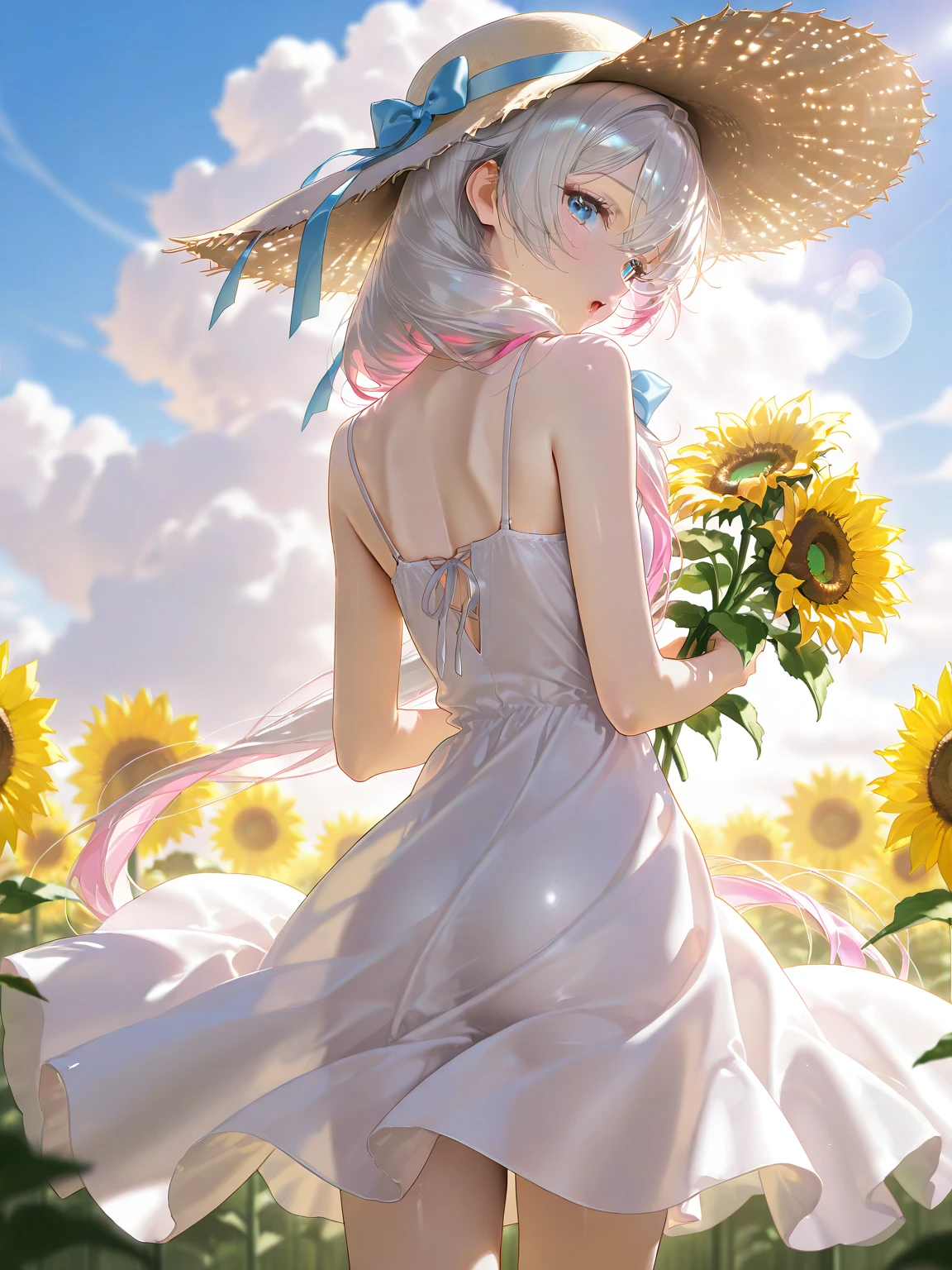 (((Ultra-high resolution))), masterpiece, OFFICIAL ART，High Definition CG Unity 8k Wallpaper，（Masterpiece:1.0),(top quality:1.0), 超high resolution,4K,Very Well Detailed,8k, high resolution, Kodak portrait 400, film grain, lens flare glow,best quality,8k), ,8k,(young adult woman)、young and adorable Japanese face, (blue sky, Big cloud, sunlight, sunflower field, holding sunflower bouquet, head tilt,),((silky smooth hair, absurdly long silver hair:1.3)),Her face is beautifully detailed,feminine silver hair,(silver hair),hair styled in a high ponytail hairstyle, hair over shoulder, low-tied long hair,((silver pink gradient color hair:1.1)),pink inner hair, (ultra-detailed,super detailed beautiful face and blue eyes, blue eyes,),Small Faces, lips, embarrassed, cleavage, ((ample bosom)), pale skin, shiny skin,correct limb, white summer dress, loose fit clothing, flared skirt, Wide brim straw hat, white straw hat, bow, back view, looking at viewer, open mouth, happy, (pastel colors:1.3), pastel, anime, depth of field, photo background, real world location, negativeXL_D,