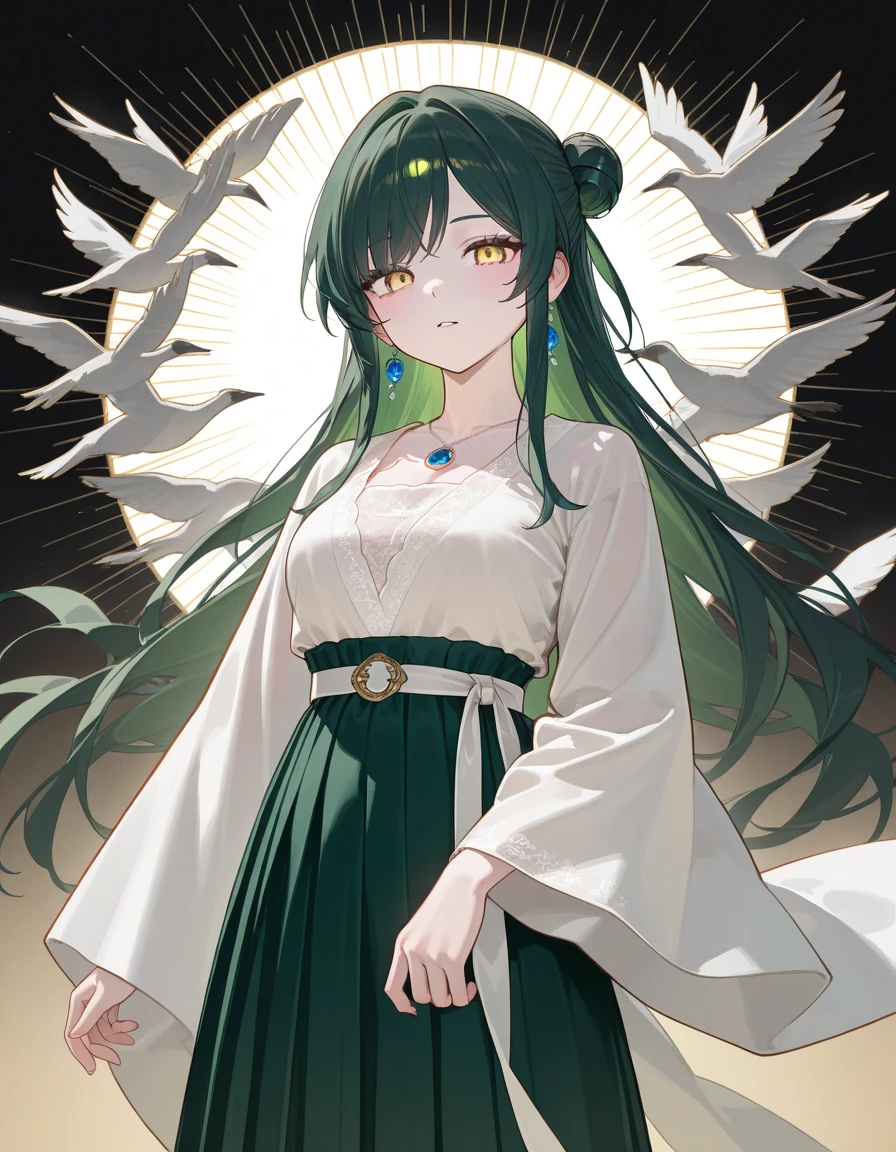 One A cute 18 year old boy with fair skin, large eyelashed eyes, green eyes, long green hair, and elf ears, small plump lips, delicate and adorable appearance, black robe, looking at the camera