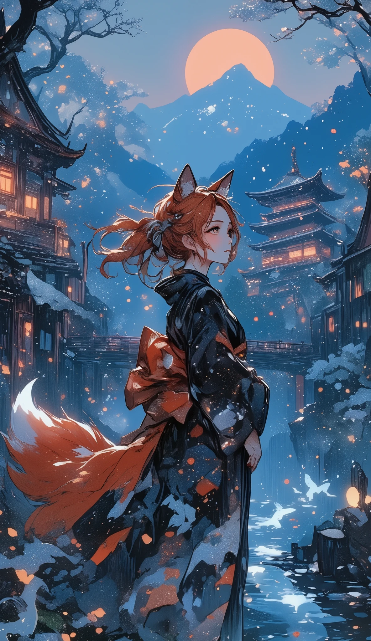 Against the backdrop of an ancient Japanese temple, shrouded in fog, stands a fox girl with silky red hair, in which silver ribbons twinkle. Her golden eyes glow like two tiny suns, and behind her back five fluffy tails gently sway, leaving traces of sparks in the air. She's wearing a kimono the color of the night sky, studded with stars, and her slender fingers with scarlet claws gently touch your face. The wind plays with her sleeves, blowing sakura petals around. "Because... Among hundreds of years and thousands of people, I've only heard your voice through time." Her smile is mysterious, but it contains the quiet sadness of eternity. Chitodama lights glow in the distance, and the moon paints the stage in silver-blue tones. Style: anime art in the spirit of Makoto Shinkai × Studio Ghibli — magical, atmospheric, with soft light transitions and a fabulous haze. Details to enhance magic: Effects: flickering sparks around the tails, translucent ghost foxes in the distance. Emotion: tenderness tinged with sadness, as if she knows her time with you is about to end. Background: mountains covered with fog and the ancient red bridge (tobi-isi) above the river.