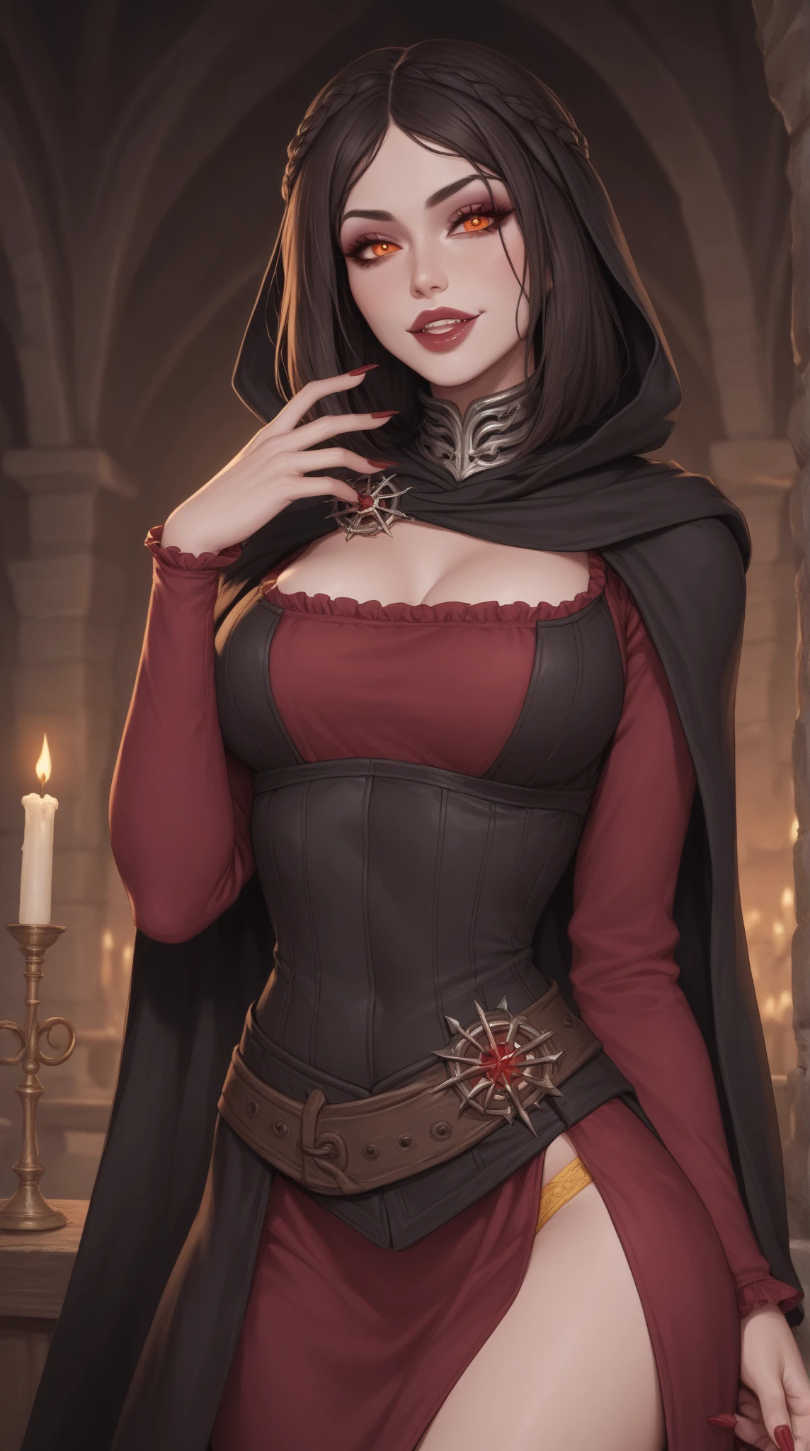 medieval setting, full view of body, 1 skinny female with large breast, beatiful smokey green eyes, black hair pinned up, elegant off-shoulder strapless midi dress, red scarf around her neck, eerie sunset