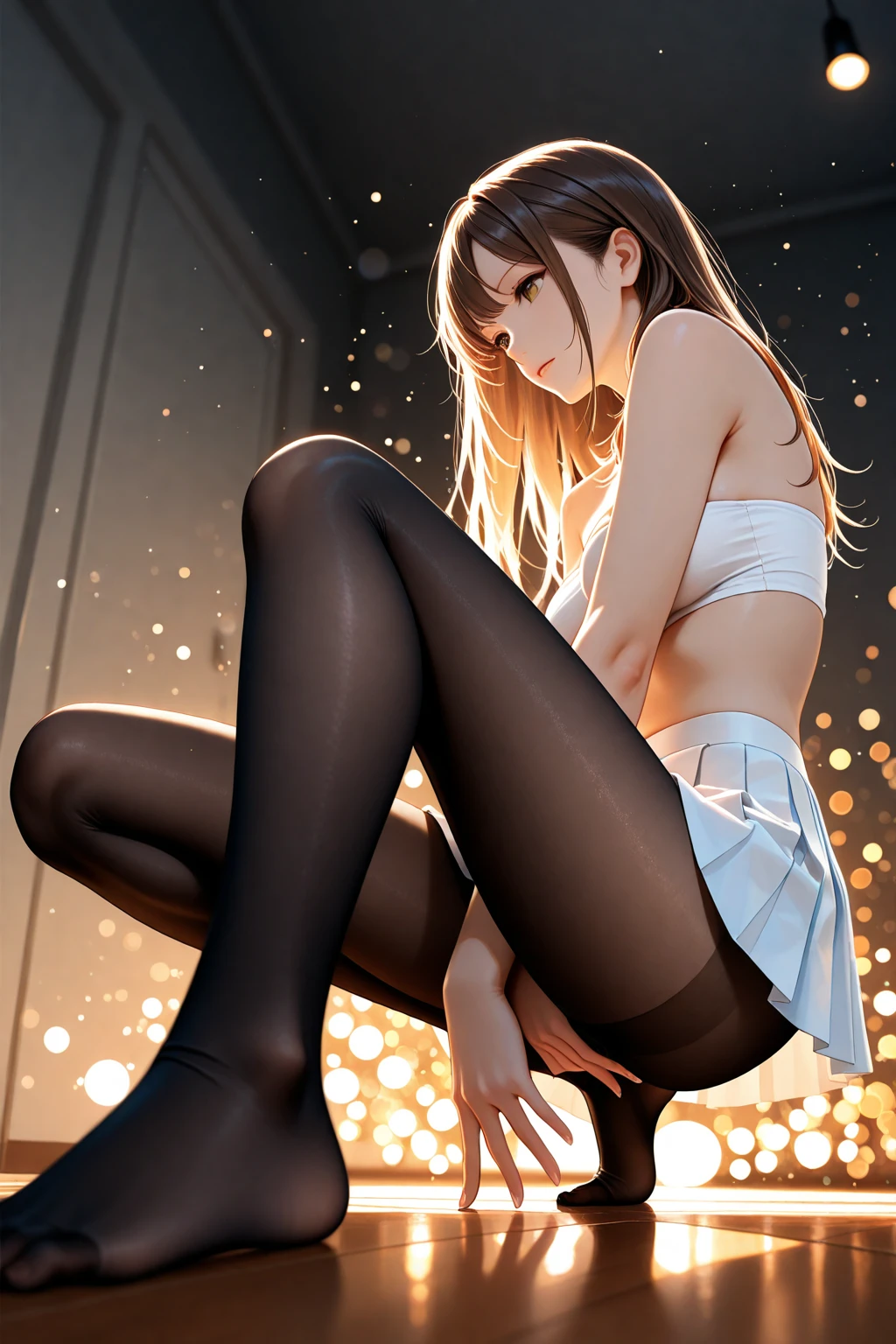 1womanl、(Super beautiful)、Thin、(beauitful face:1.5)、Clear pubic contour、crouched、Spread your legs、(white panties:1.4)、(High School Uniforms)、(Dark blue pleated skirt)、(Wear black loafers)、neon lights sign、(At SFW:1.1)