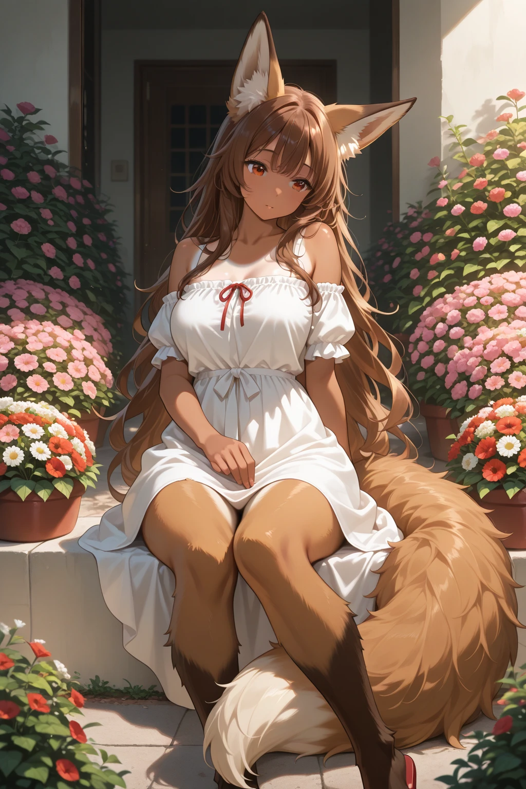 fox, (monster girl), long brown ears with darker brown inside, brown fur, tan neck fluff, brown fluffy tail with a tan tip, large brown eyes, wearing modest clothing, sitting in a flower garden, masterpiece, best quality