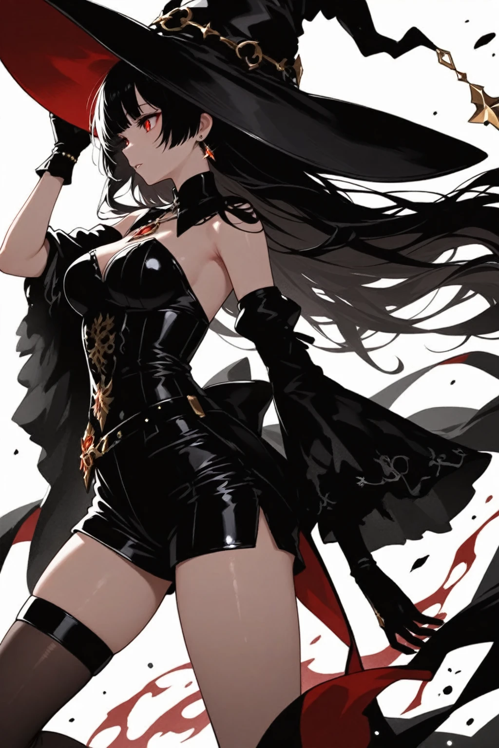 masterpiece, best quality, solo, 1girl, th0rnpr1ncess, serious, looking at viewer, standing, dynamic pose, holding weapon, stiletto \(weapon\), dual wielding, blood on weapon, black hair, red eyes, hair ornament, yellow hairband, black dress, two-sided dress, two-sided fabric, sleeveless dress, black gloves, fingerless gloves, black thighhighs, gold earrings, bare shoulders, dark background, blood splatter
<segment:yolo-Anzhc Face seg 640 v2 y8n.pt,0.4,0.5//cid=1>
