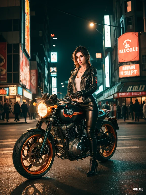 Beautiful and sexy woman in black leather full body suit, a woman riding a large motorcycle, short brown curly hair, hair blowing in the wind, red lipstick, Fujiko Mine from the anime Lupin III, Fujiko Mine, slender figure and beautiful bell-shaped breasts, high heeled black boots, Gotham City at night,