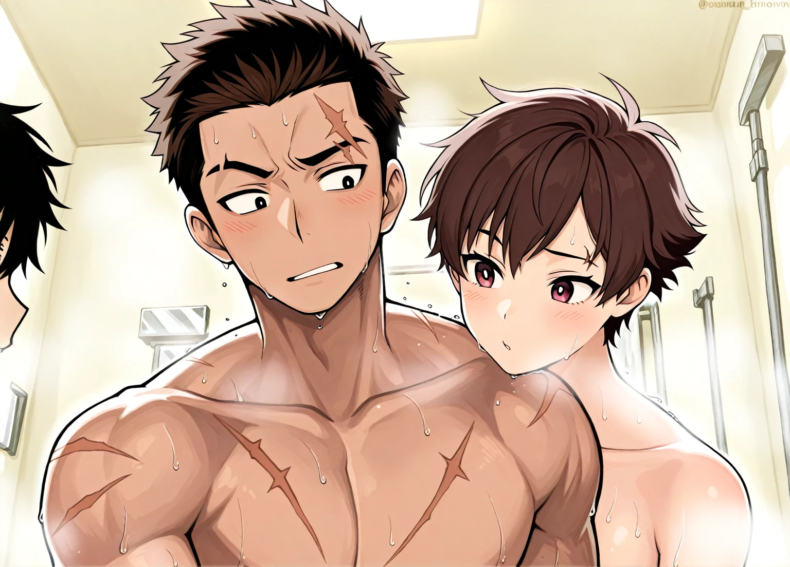 score_9, score_8_up, score_7_up, source_anime, highly detailed,skinny, slender, male focus,upper body,nipple tweak, grabbing from behind, interracial, nude, 2boys, standing,glaring, hands up,nude,heavy breathing, sweat, nose blush drooling,open mouth,orgasm,embarrassed, faceless male,Inaho Kaizuka,brown eyes,black hair,motion lines, speed lines,trembling,