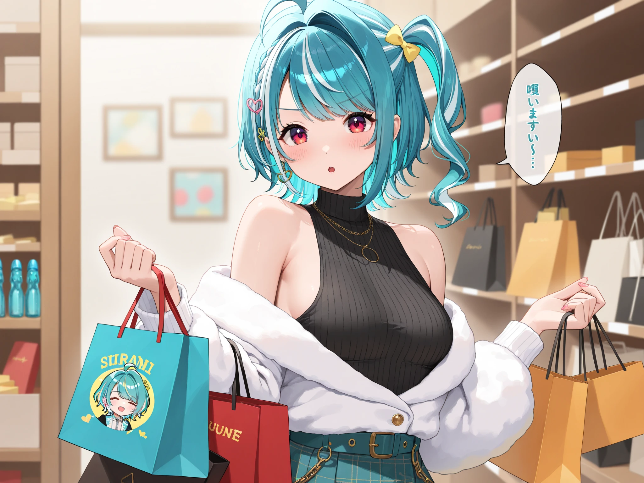 Anime Moe Art Style,highest quality,High resolution,Anatomically correct,One Girl,Mid-teens,A girl with light blue hair in a ponytail,Super detailed,Fantasy World,Off-the-shoulder tops,mini skirt,Big Breasts,A rich expression,Laughing with your mouth open,Enjoying shopping,Eyes drawn in detail,hair ornaments,necklace,bracelet,ring,8K
