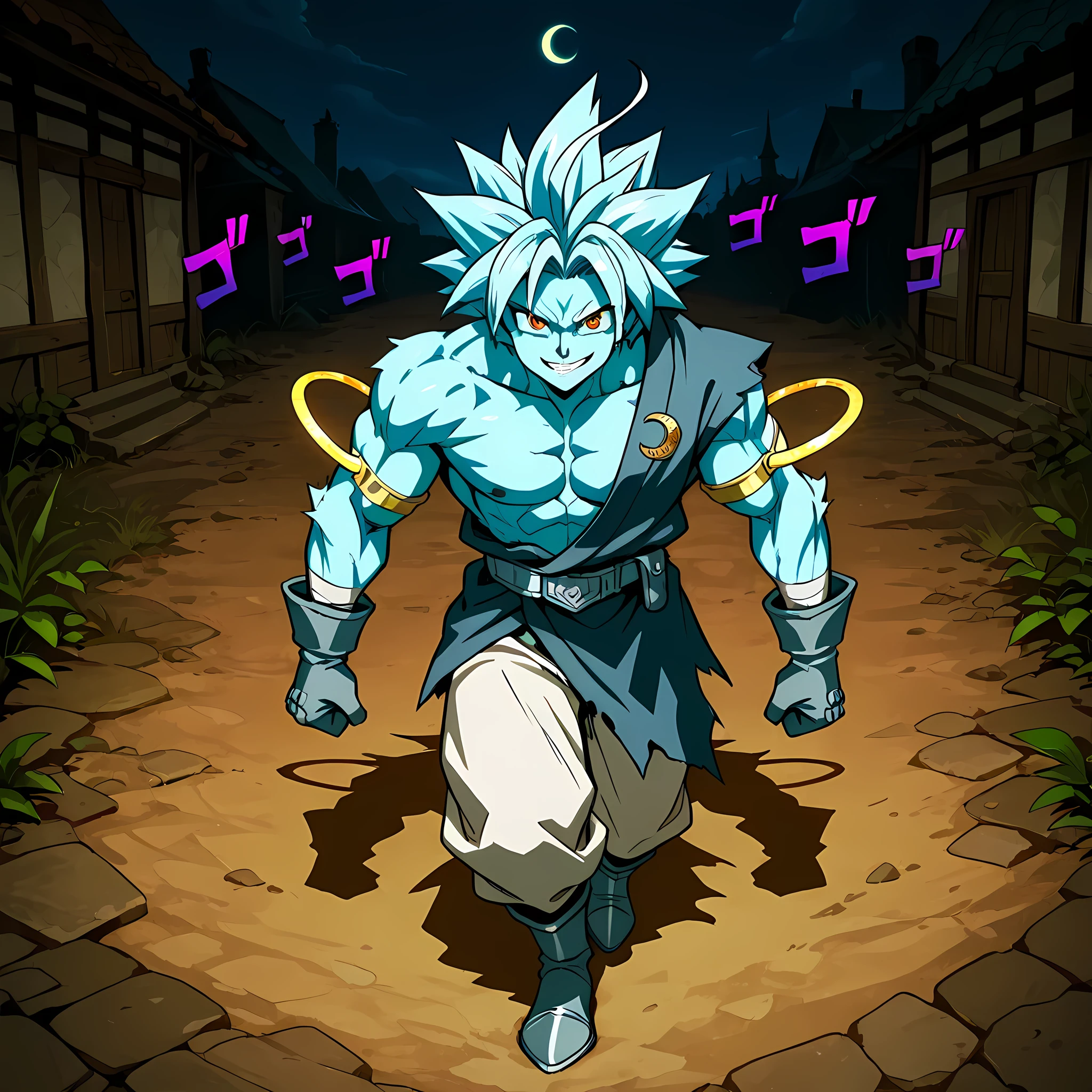 ((epic walking scene, high side angle, full body)), ((walking through a medieval town, anime style kingdom, 1man, solo):1.15), (Chrono Trigger anime style warm colors, ultra quality, full HD, 4K quality, perfectly detailed eyes, rich scenery details, ultra facial details, ultra image sharpness, epic atmosphere, balanced light, character focus), {Trunks with cyan hair}:((adventurer outfit, werewolf body, strong chest, menacing demeanor, intimidating smile, orange eyes, light pink kimono pants, silver belt, leaf-shaped ahoge hair, gray cloth boots, spiky hair cyan, cyan energy rings on arms, ultra detailed pupils, wearing silver combat gloves, crescent moon symbol printed on clothes, werewolf body, thorny fur)), ((light blue fur, body similar to Death Wolf, muscular chest, strong body, man with defined body, humanoid wolf appearance)).