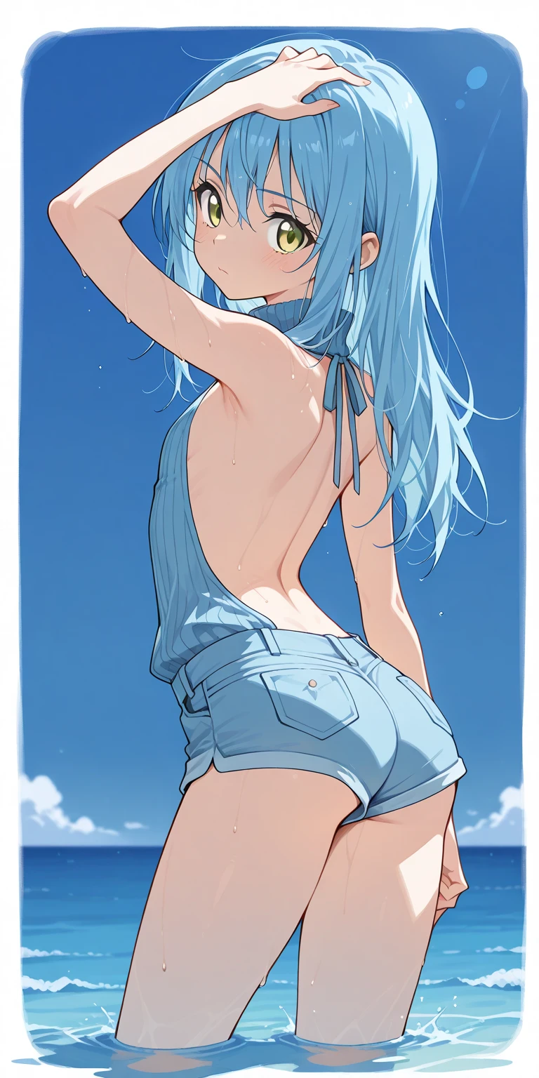 1 girl, blue hair, Drill hair, in a white T-shirt and thong, hair ornament, a high resolution, long hair, X, X hair ornament, short_Corner_Human,sky,cloud,grass,blurred foreground, whole body, ass