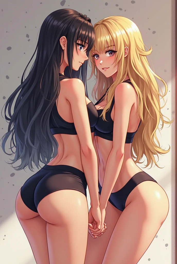2人の女の子(,young girl ,short stature,gyaru)) ,flat chest,nsfw,plump,,big head、black hair,long hair,.,ninja,stand,out the ass.shy, sexual ecstasy, blush