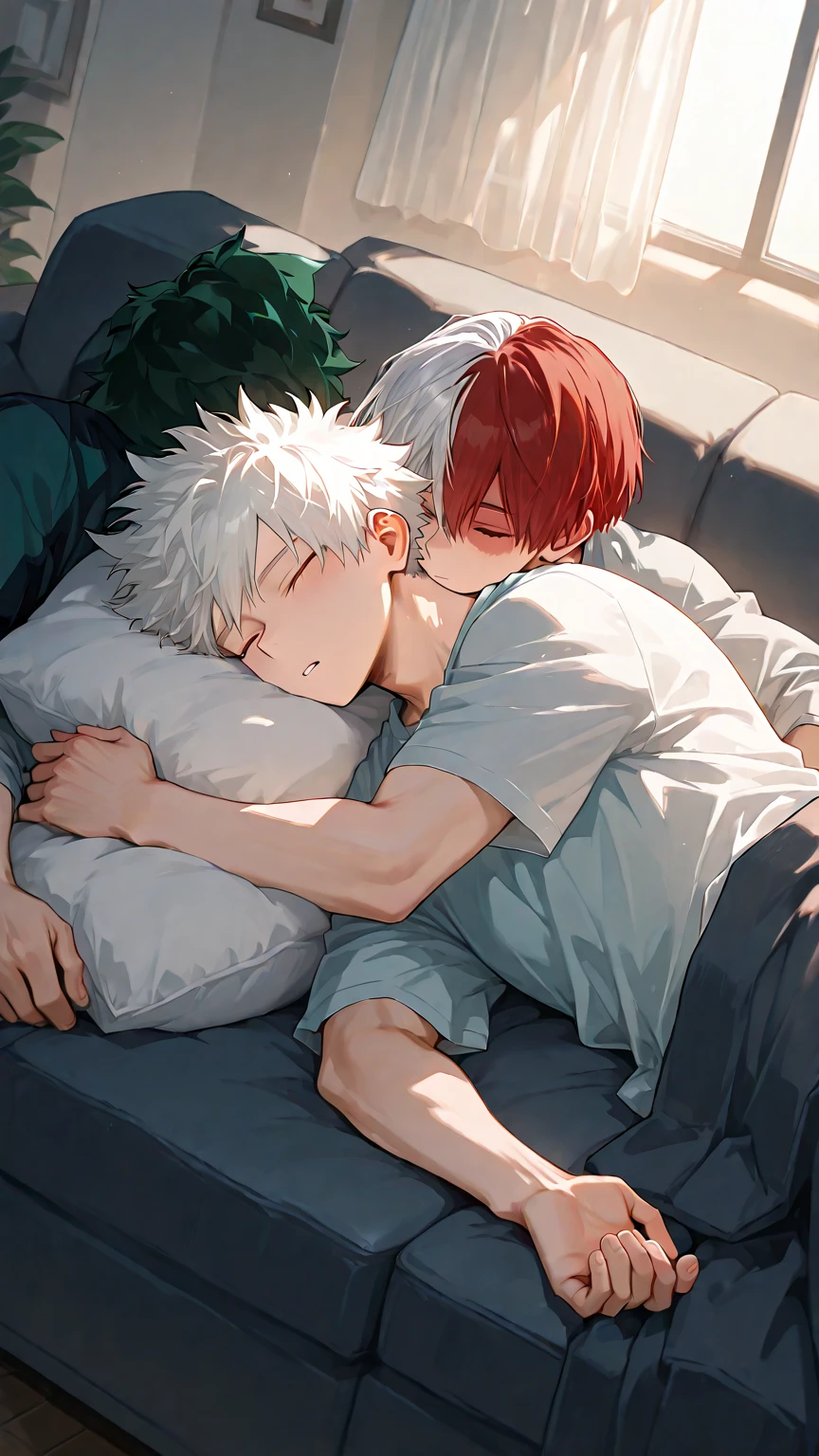 (male focused), (2boys), Todoroki enji red hair, todoroki naoto white hair, bara, My Hero Academia
sleeping, hammock, forest, sweating, flushed, rosy, punch, Canada,