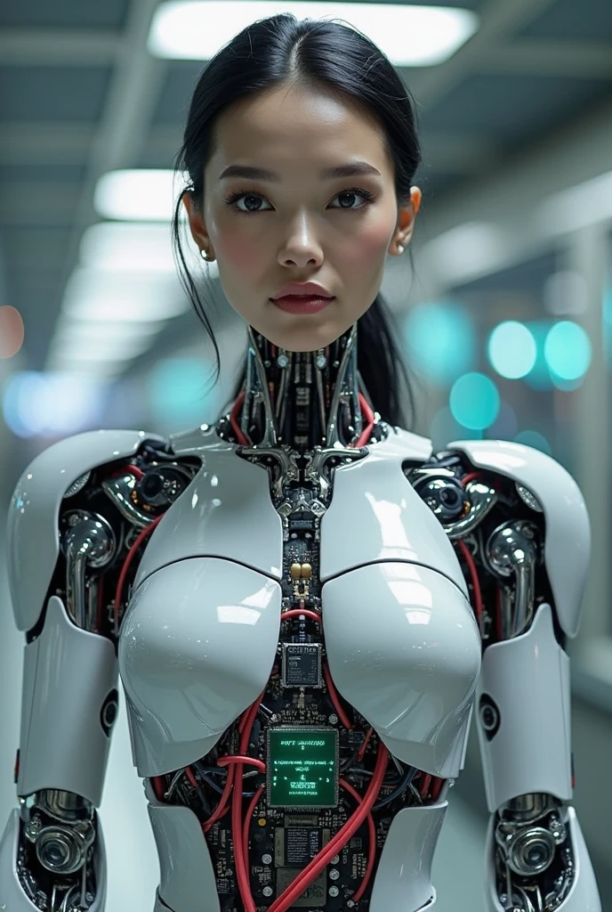 A female AI humanoid robot stands in a futuristic setting, blending human-like features with metallic components. Her skin appears lifelike but reveals intricate circuits and wires. Her body is a seamless integration of organic and inorganic elements, with a metallic exoskeleton covering her torso and wires pulsing across her abdomen. The robot contemplates her existence and the blurred line between humanity and technology, challenging the boundaries of what it means to be human and machine.