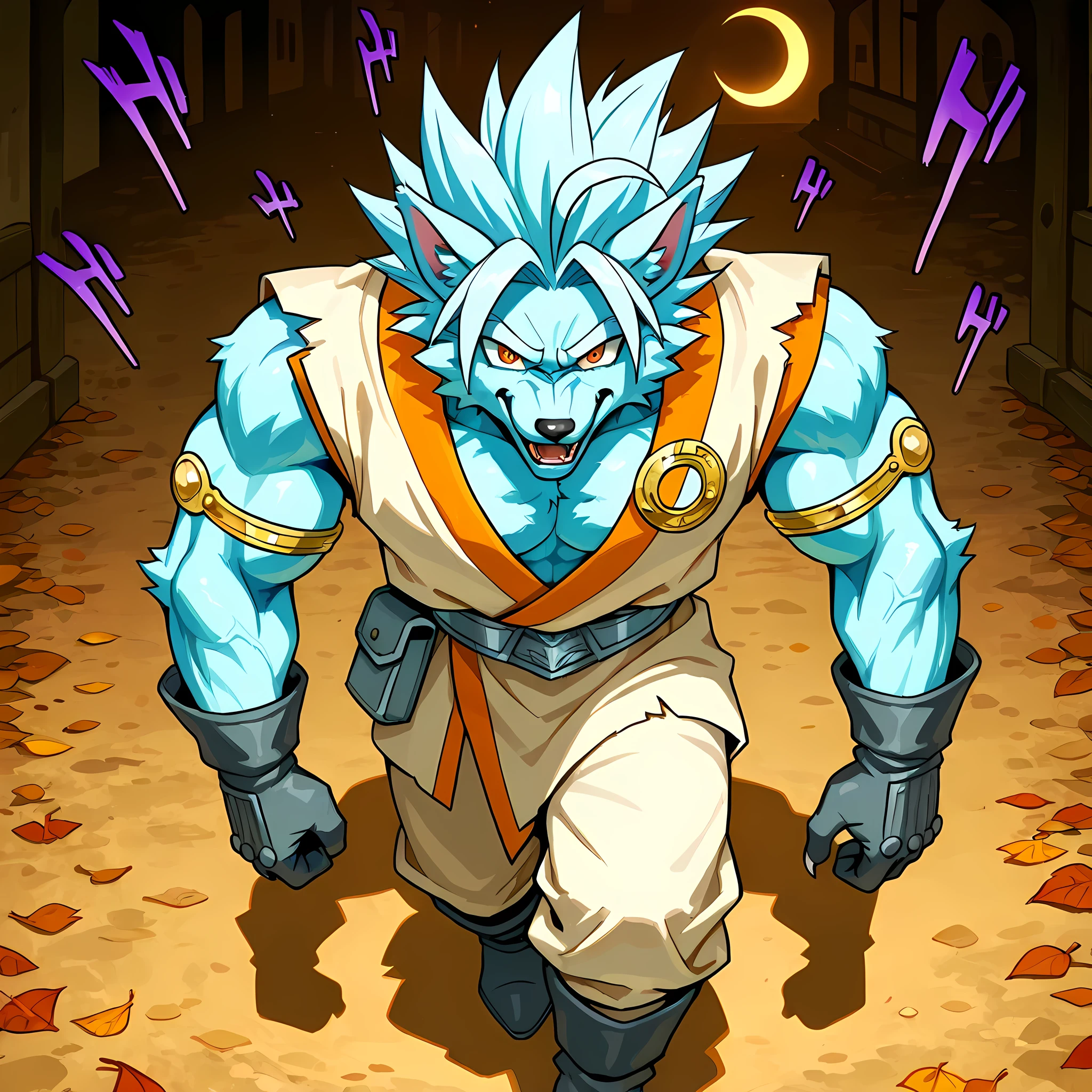 ((epic walking scene, high side angle)), ((walking through a medieval town, anime style kingdom, 1man, solo):1.15), (Chrono Trigger anime style warm colors, ultra quality, full HD, 4K quality, perfectly detailed eyes, rich scenery details, ultra facial details, ultra image sharpness, epic atmosphere, balanced light, character focus), {Trunks with cyan hair}:((adventurer outfit, werewolf body, strong chest, menacing demeanor, intimidating smile, orange eyes, light pink kimono pants, silver belt, leaf-shaped ahoge hair, gray cloth boots, spiky hair cyan, cyan energy rings on arms, ultra detailed pupils, wearing silver combat gloves, crescent moon symbol printed on clothes, werewolf body, thorny fur)), ((light blue fur, body similar to Death Wolf, muscular chest, strong body, man with defined body, humanoid wolf appearance)).