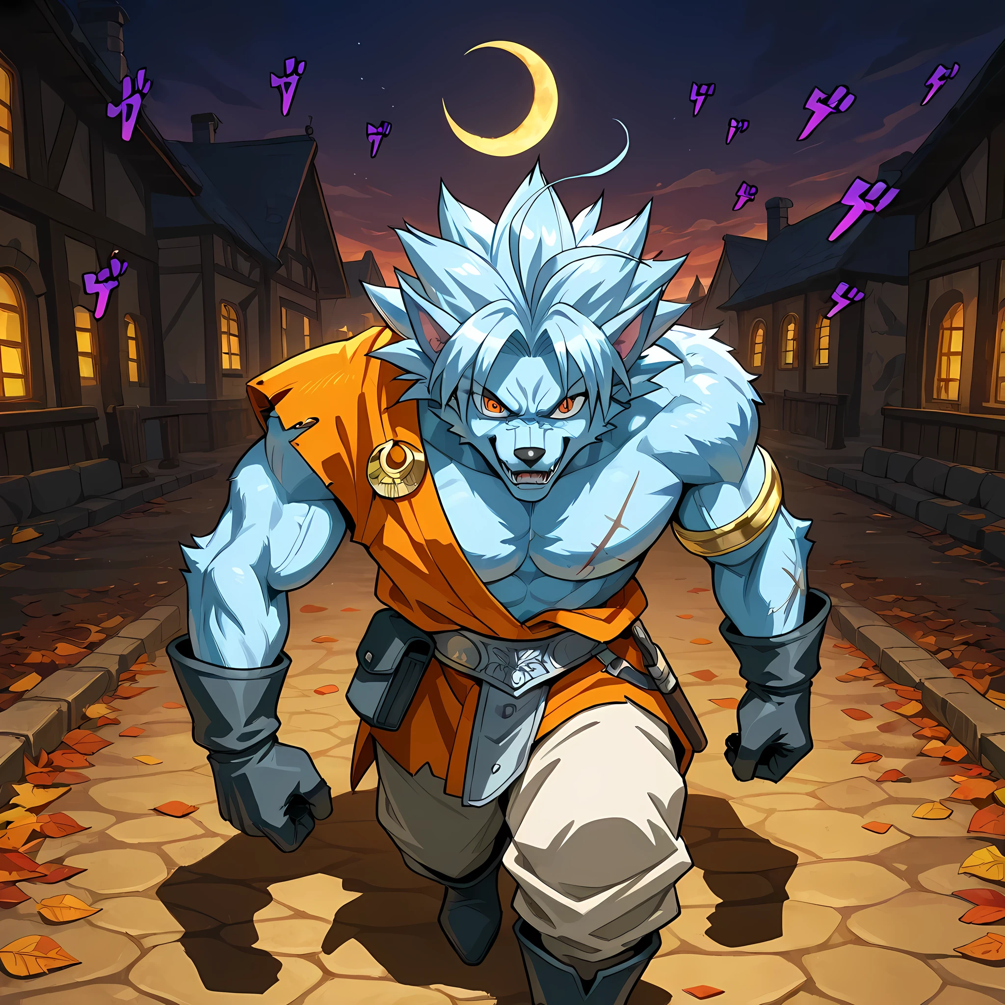 ((epic walking scene, high side angle)), ((walking through a medieval town, anime style kingdom, 1man, solo):1.15), (Chrono Trigger anime style warm colors, ultra quality, full HD, 4K quality, perfectly detailed eyes, rich scenery details, ultra facial details, ultra image sharpness, epic atmosphere, balanced light, character focus), {Trunks with cyan hair}:((adventurer outfit, werewolf body, strong chest, menacing demeanor, intimidating smile, orange eyes, light pink kimono pants, silver belt, leaf-shaped ahoge hair, gray cloth boots, spiky hair cyan, cyan energy rings on arms, ultra detailed pupils, wearing silver combat gloves, crescent moon symbol printed on clothes, werewolf body, thorny fur)), ((light blue fur, body similar to Death Wolf, muscular chest, strong body, man with defined body, humanoid wolf appearance)).