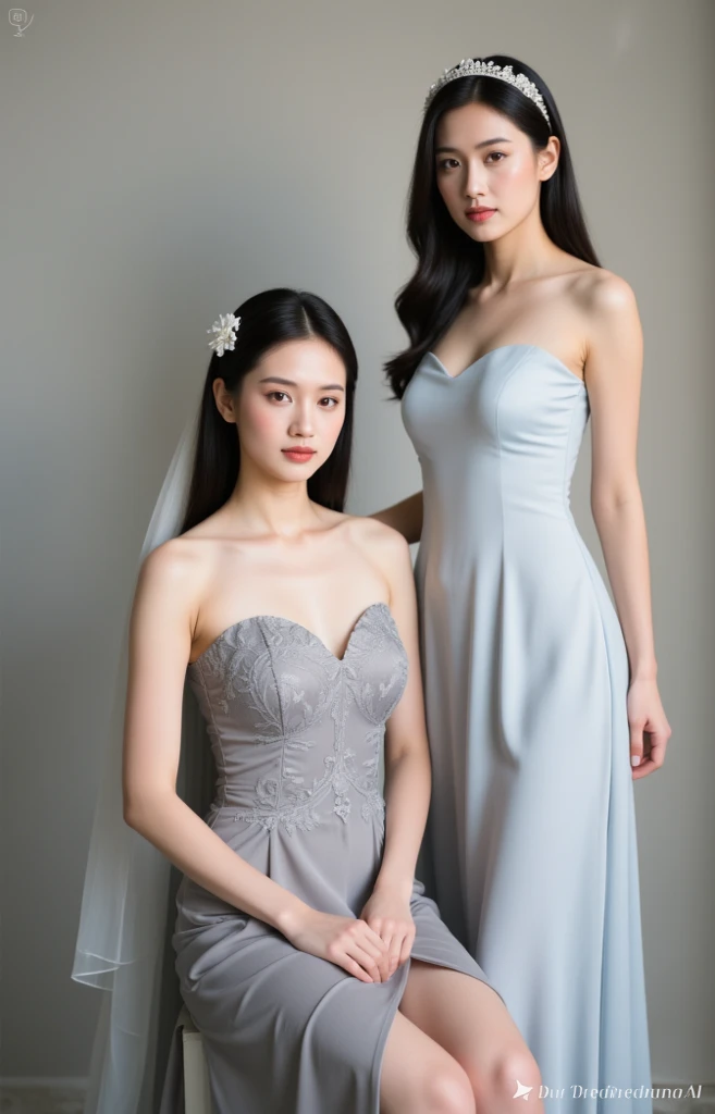 (Two Women: 1.4), Portrait Mode, Large Depth of Field, 45 Degree View, Royal Sister, Gentle, ((Best Quality, 8K, Masterpiece: 1.3)), Focus: 1.2, Perfect Upper Body: 1.1, ((Delicate Long Hair)), Fluent skirt, wide skirt, highly detailed facial and skin texture, Detailed eyes, Double eyelids, long eyelashes, (snow white skin), Whitening skin, smile, 20 years old, a woman in a dress posing for a photo, soft silk dress, long skirt, Mercury dress, elegant dress, wearing elegant dress, flowing dress, silk dress, soft elegant dress, wearing long dress, beautiful dress, elegant and elegant, beautiful soft silk dress, chiffon