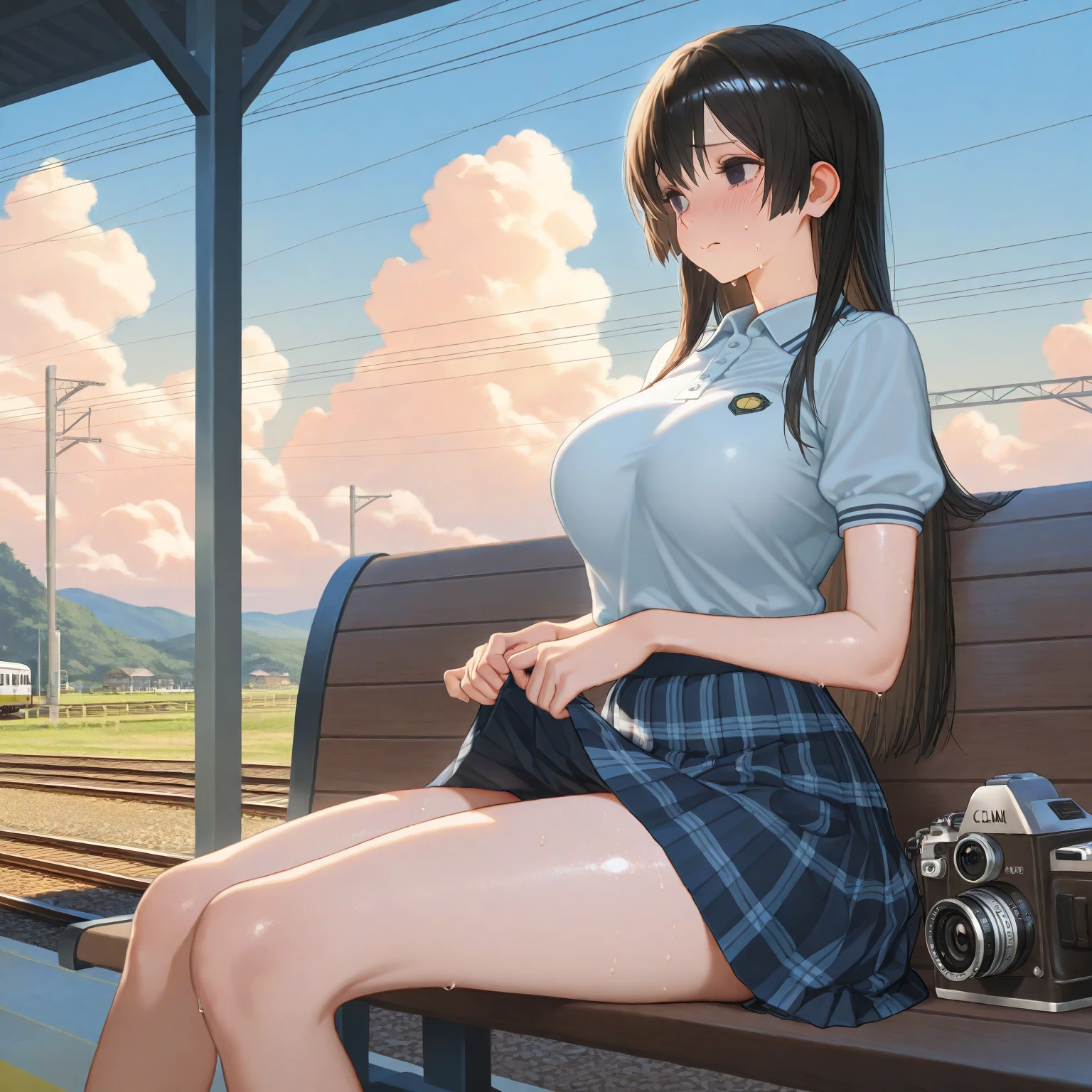 (masterpiece, best quality:1.2), abandoned train, in a flower field, 1girl, no panties, bottomless, open shirt, sitting by a train, warm, summer, vibrant colors, best lighting, best shadows