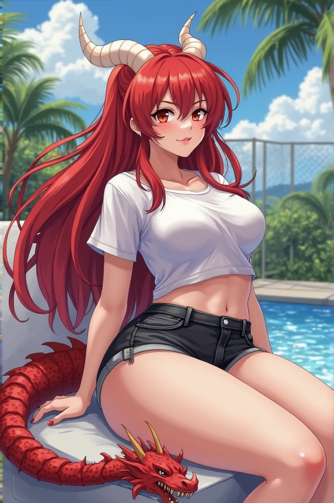 happy woman, with cat ears and red hair, holding her cheeks, cat tail, wearing a bikini, looking at veiwer, full body