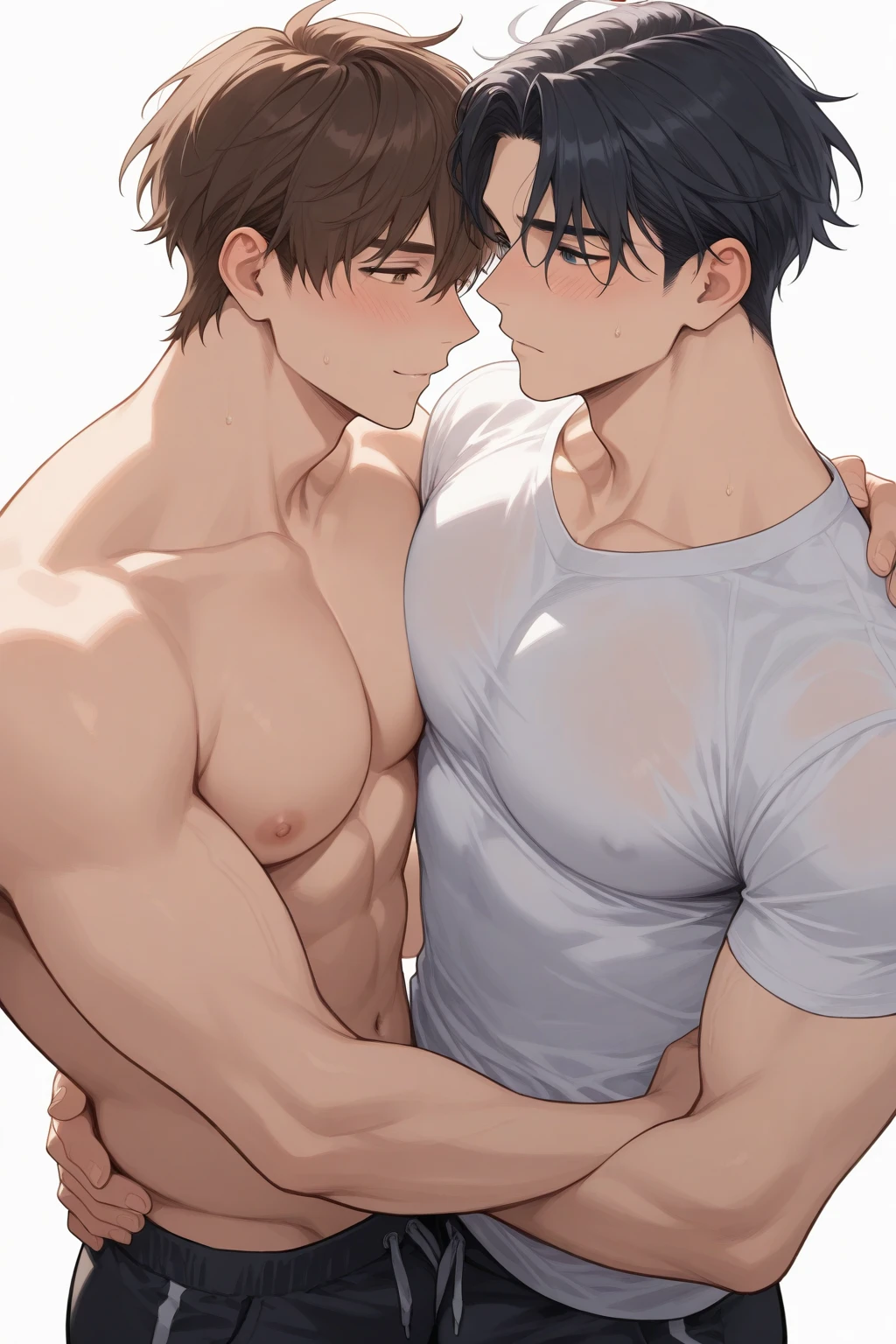 male focus,  boy, shirt, yaoi, lying, brown hair, pants, nipples, short hair, pectorals, open shirt, white shirt, open clothes, black hair, muscular male, on back, muscular, looking at another, black pants /////////// ,details of 5 fingers (men), details of male body parts, details,sunny smile,Fix  errors, perfect the photo