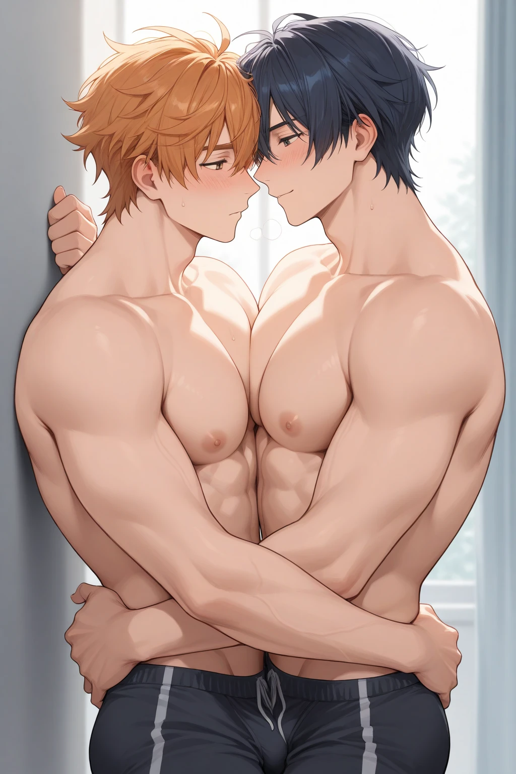 2 Boys, slim body, Cute, bright eyes, green eyes, short red hair, in the bedroom, looks at the viewer, shy, naked boy, nude boy chest, horny dick in hand, sexy, wet body, cum, excited smile, ass, back view, Cummings, hugging, kissing 