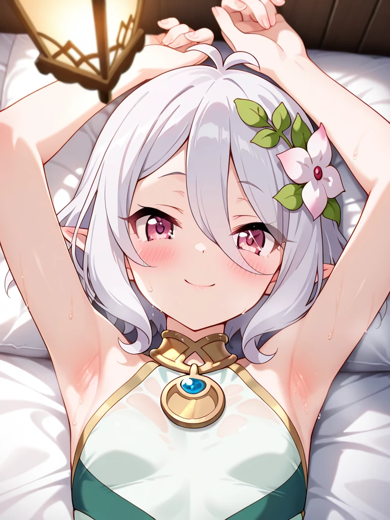 ((masterpiece)), ((best quality)), (ultra-detailed), anime style, on the bed, a cute girl, 1girl, solo, underwear00, ((beautiful eyes)), smile, ((open chest)), ((cute nipples)),