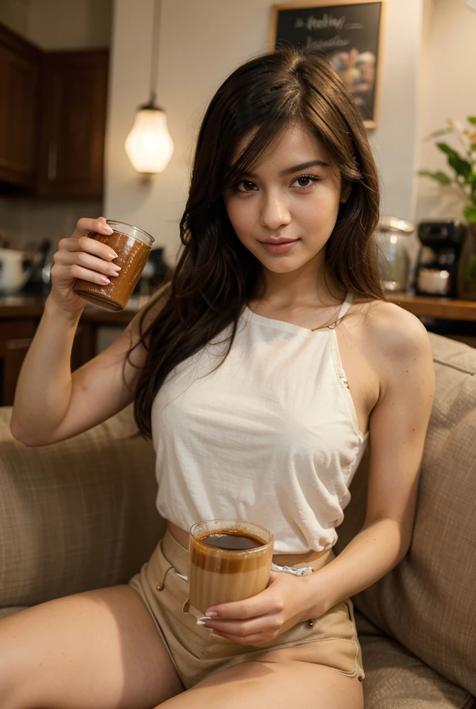 1girls, asian, Approximately 35 years old, Approximately 185 centimeters tall and has a strong, beautiful figure., Moderately cool skin, Black hair tied in a long ponytail swept to the side and bangs swept to the side., flower shaped earrings, siren eyes, long eyelashes, Large chest approximately 45 centimeters., Wearing a beige halter top covered with cardigan., Wear brown leggings., Sitting on a wooden chair and holding a coffee cup, he smiled at the audience., Format of stock photos, Smart Casual, different, Related personality, Bright color palette with texture, Flickr, Provia, Minimal retouching, Modern style coffee shop