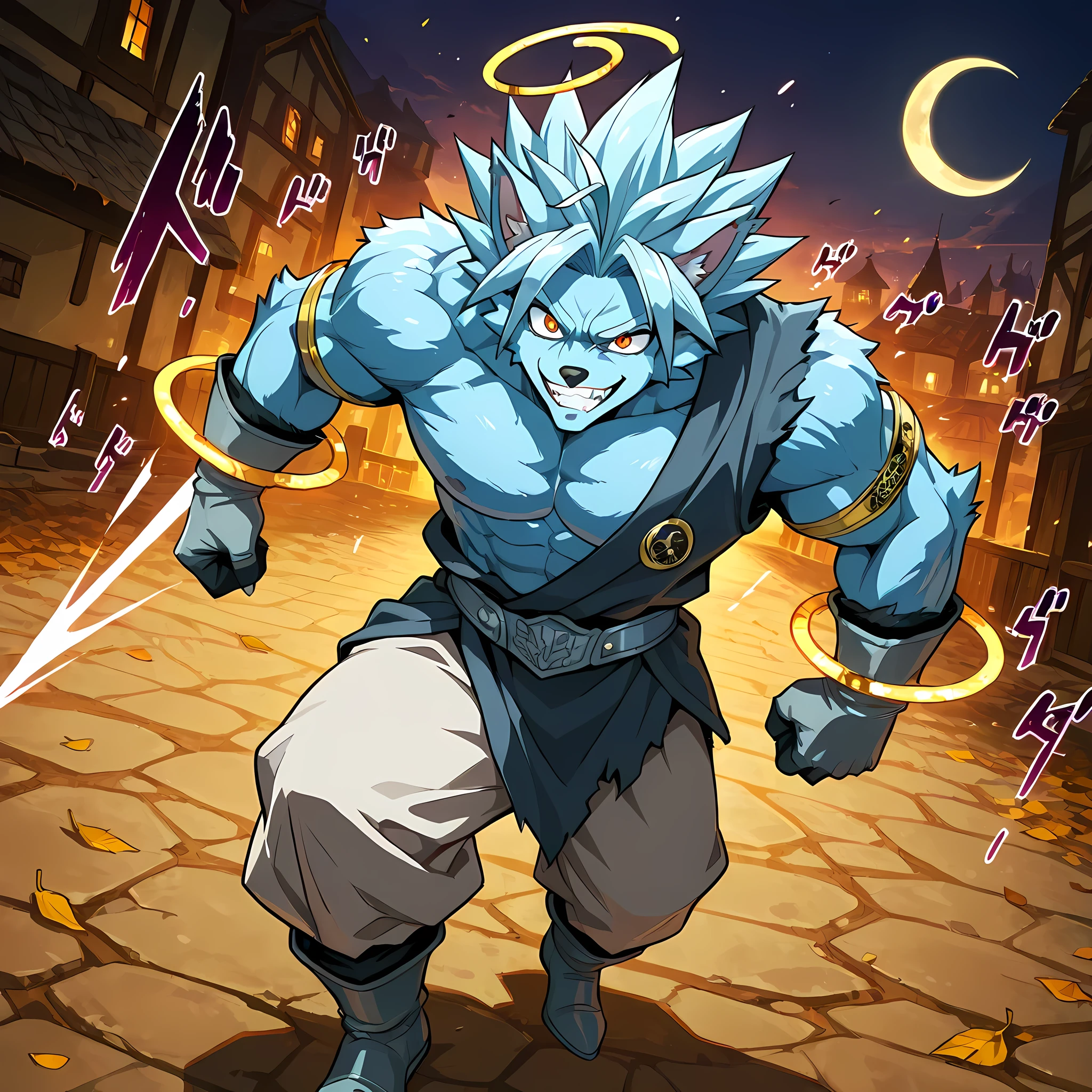 ((epic walking scene, high side angle, battle pose)), ((walking through a medieval town, anime style kingdom, 1man, solo):1.15), (Chrono Trigger anime style warm colors, ultra quality, full HD, 4K quality, perfectly detailed eyes, rich scenery details, ultra facial details, ultra image sharpness, epic atmosphere, balanced light, character focus), {Trunks with cyan hair}:((adventurer outfit, werewolf body, strong chest, menacing demeanor, intimidating smile, orange eyes, light pink kimono pants, silver belt, leaf-shaped ahoge hair, gray cloth boots, spiky hair cyan, cyan energy rings on arms, ultra detailed pupils, wearing silver combat gloves, crescent moon symbol printed on clothes, werewolf body, thorny fur)), ((light blue fur, body similar to Death Wolf, muscular chest, strong body, man with defined body, humanoid wolf appearance)).