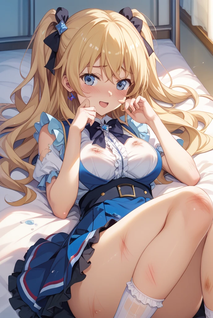 NSFW,((1man with 1woman,Having sex)), Cowgirl,Riding on top of a naked man,a bed,One girl,Kamimei,mesugaki,Detached sleeves,a blond,hair adornments,Heterochromia,blushed face,Smile with open mouth,Top image quality,Best Quality