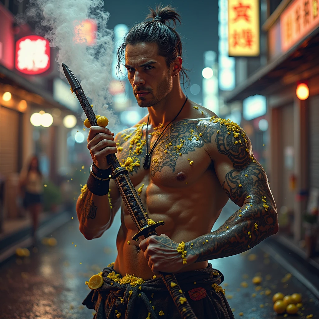 Samurai with big hat and hold a sord. No shirt
