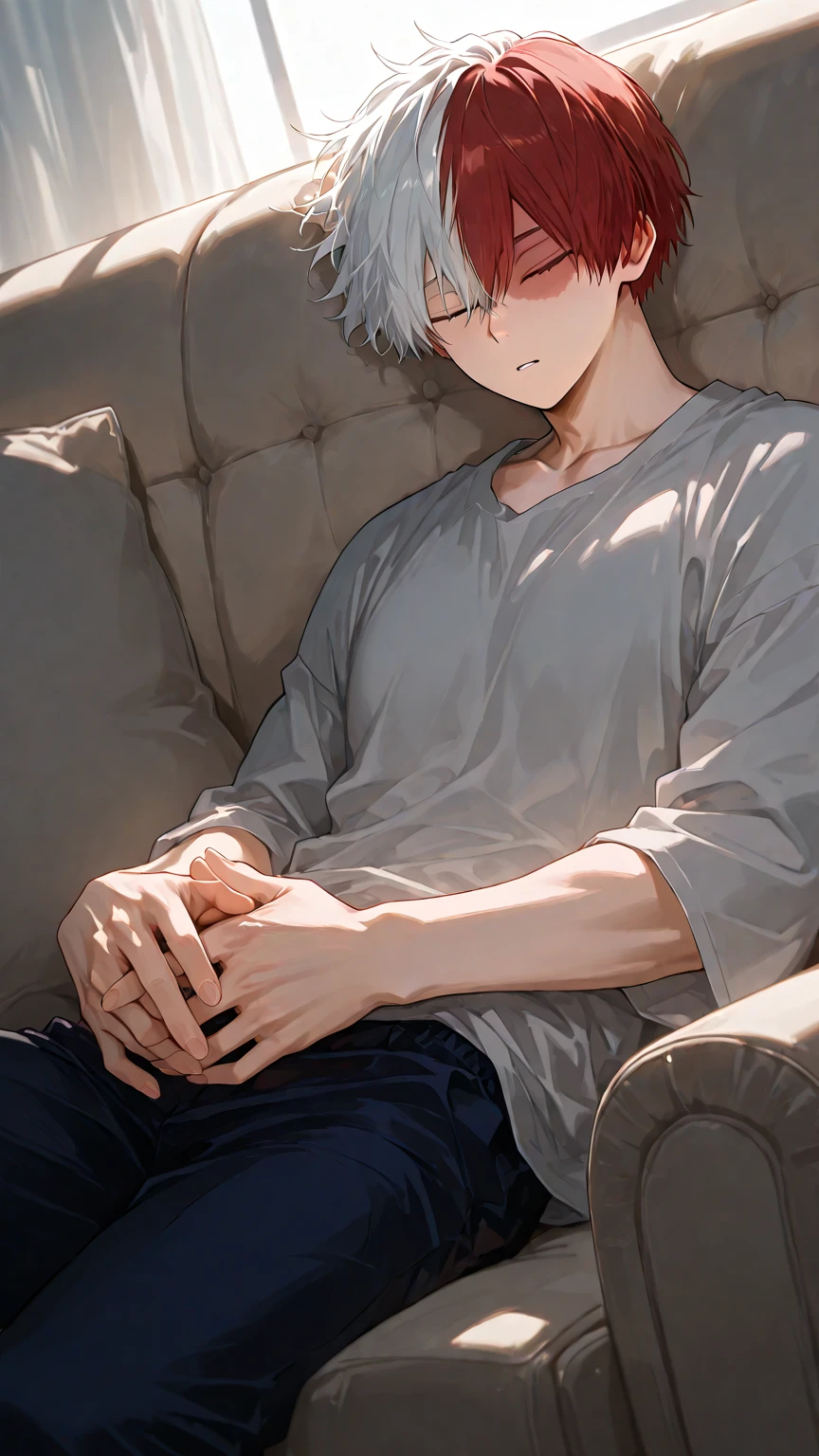 male、male性、Short Hair、adult、大柄のmale、university student、adultのmale、大きなmale、Clumsy Hands、Slender、sex appeal、Erotic、Exposed bare skin、male性器の露出、Local exposing、Sweat、Sexual、lure、dark、Gloomy、Dark personality、suspicious、Grin、Nihilist look、Shadow、Open the buttons on your shirt、Unzipping pants、Unbuttoned、Sleep on the sofa、Colors of the Night、Cold colored light source、Dark Room、Dark Background