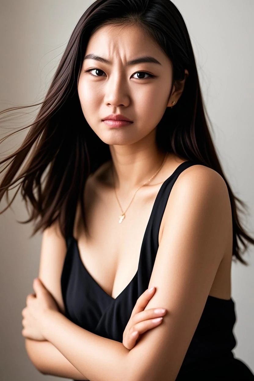 young girl, Asian girl with dark brown hair, big breast, she is dressed in elegant black dress, photo taken on a white background, face close-up. Ultra-high resolution, (photorealistic: 1.4), high resolution, (brown eyes), (finely detailed skin), (perfectly proportioned) (photo realistic) (masterpiece) (photorealistic), ultrarealistic (Best Quality) (Detailed) photographed in a Canon EOS R5, 50mm Lens, F/2.8, (8K) (Wallpaper) (Natural lighting) (Convoluted) Fashion