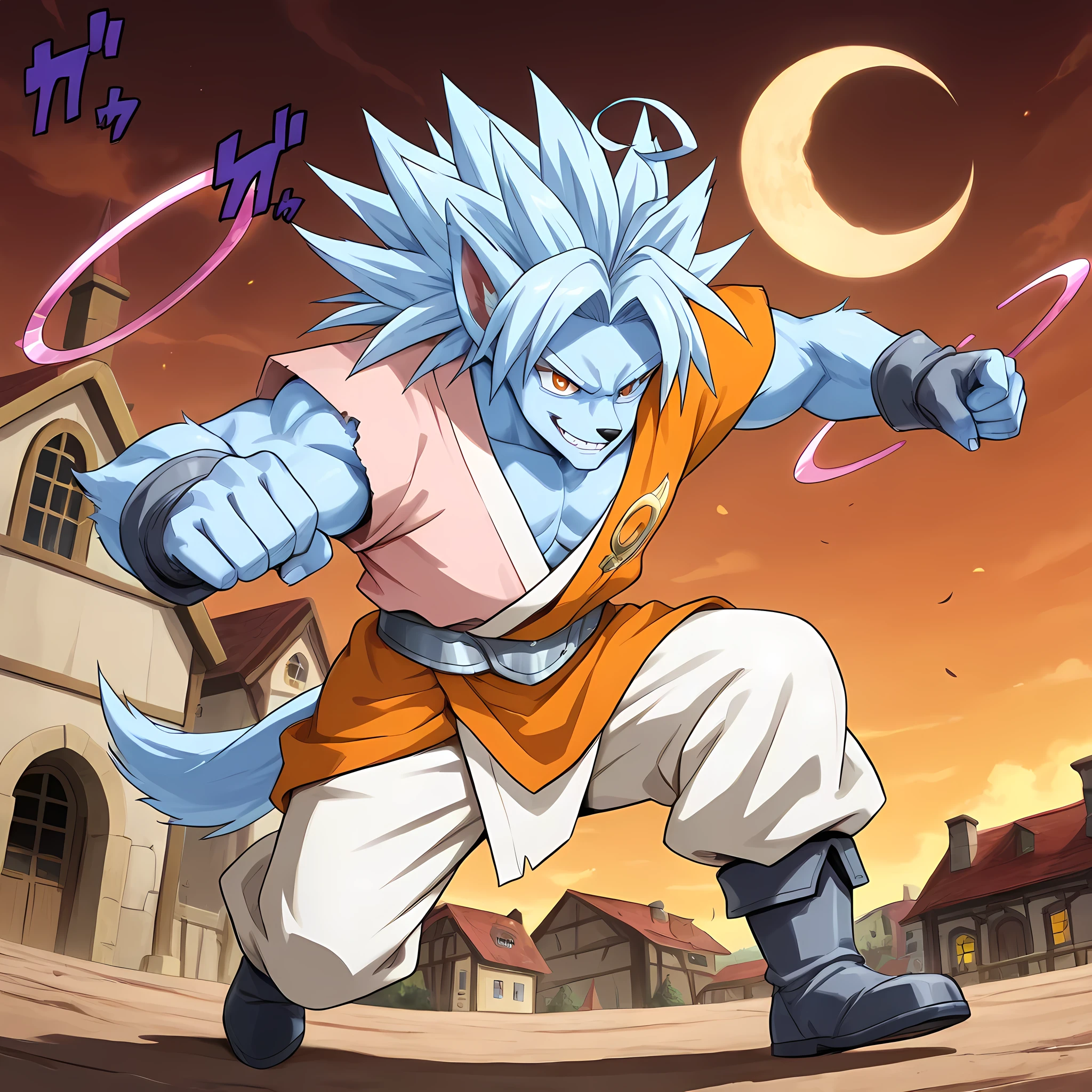 ((directing a punch forward in an impactful punch, impact of the punch in the wind, powerful punch, epic walking scene, side angle, battle pose):1.10), ((walking through a medieval town, anime style kingdom, 1man, solo):1.15), (Chrono Trigger anime style warm colors, ultra quality, full HD, 4K quality, perfectly detailed eyes, rich scenery details, ultra facial details, ultra image sharpness, epic atmosphere, balanced light, character focus), {Trunks with cyan hair}:((adventurer outfit, werewolf body, strong chest, menacing demeanor, intimidating smile, orange eyes, light pink kimono pants, silver belt, leaf-shaped ahoge hair, gray cloth boots, spiky hair cyan, cyan energy rings on arms, ultra detailed pupils, wearing silver combat gloves, crescent moon symbol printed on clothes, werewolf body, thorny fur)), ((light blue fur, body similar to Death Wolf, muscular chest, strong body, man with defined body, humanoid wolf appearance)).