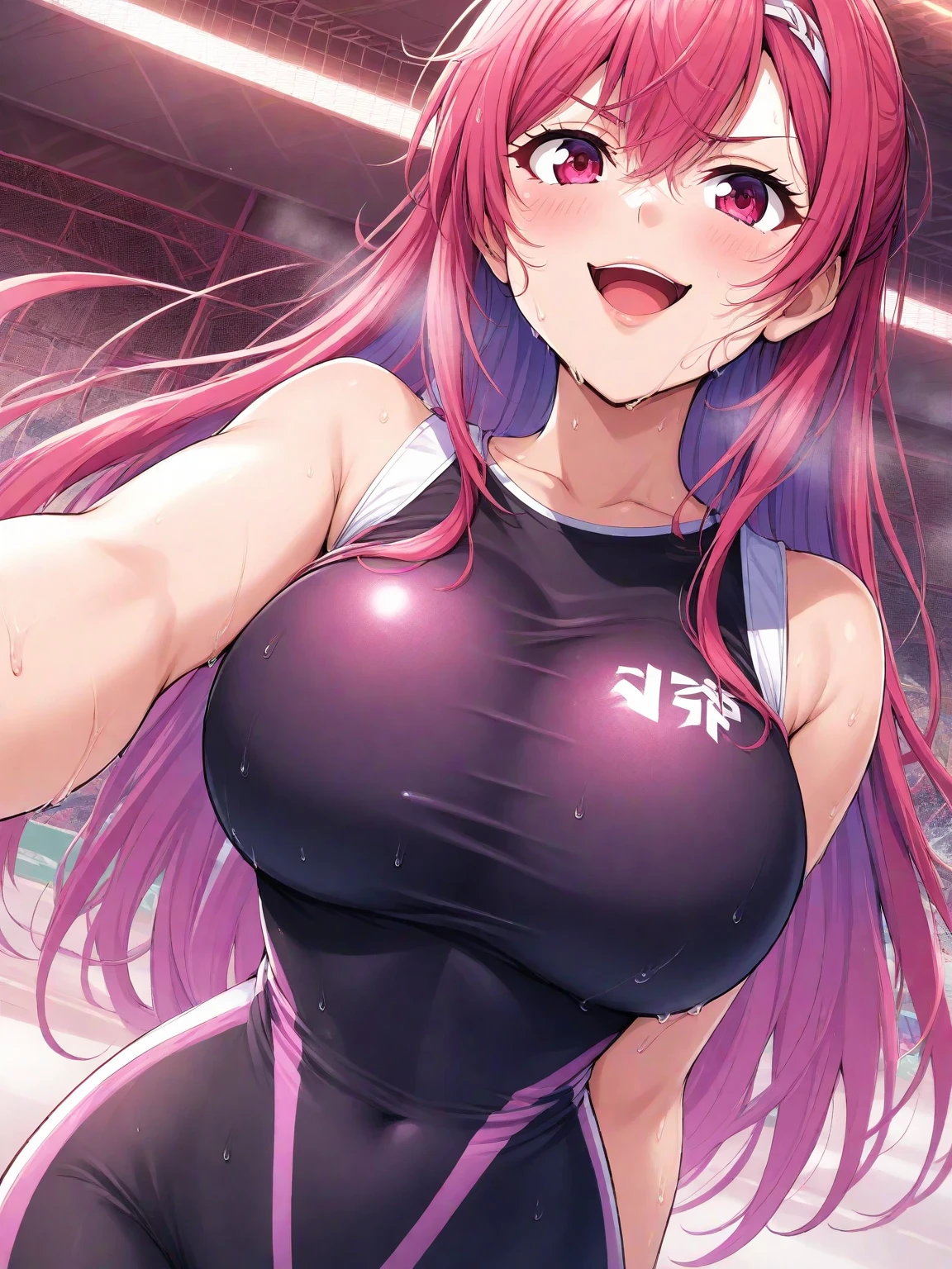 ultra detail, (((masterpiece))), official art, cinematic lighting, Lacus Clyne, attractive anime girl, 1girl, pink long hair, hair ornament, cute face, slender body, shiny skin, Big breasts that are about to burst, amazingly big breasts, well-shaped breasts, detailed breasts, smile, blush, (NSFW:1.3), (((navy blue school swimsuit))), (wet hair, wet skin), (((armpit))), focus on waist, Photographed up close, seaside,