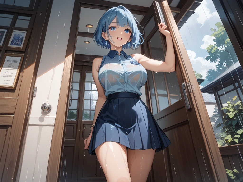 (8K、Highest quality、highest quality、masterpiece)、Detailed face、One girl、Rem from Re:Zero、Full body portrait short hair、、blunt bangs、Grey Eyes、evil smile、((Grin))、Small breasts、((White camisole))、((Blue skirt))、Cowboy Shot、((bent over))、Back Alley Background、Very large breasts
