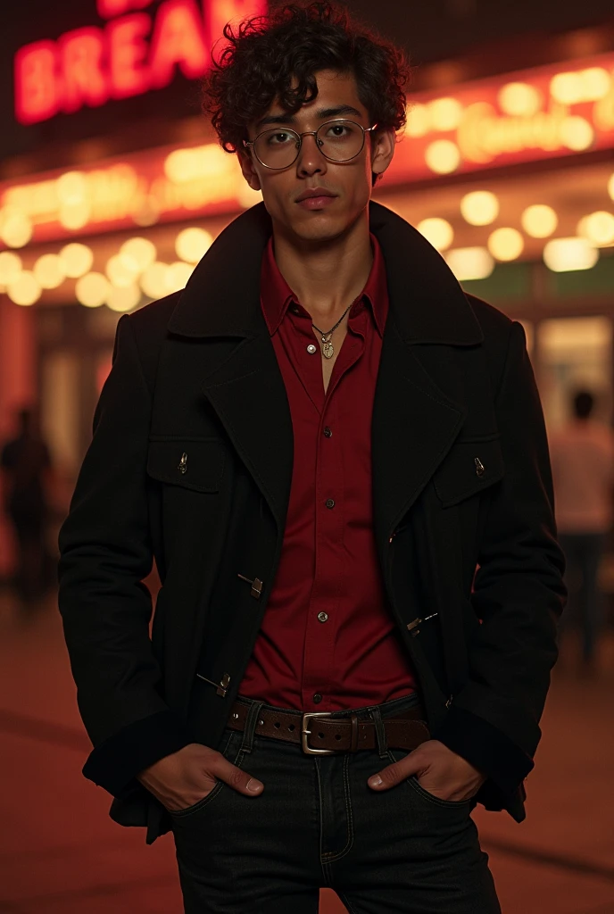 attractive mysterious northeastern Brazilian man with elegant formal attire in a red suit that fits perfectly on his fit physique with well-groomed modern hair with glasses and a gold necklace , on a university campus , the night