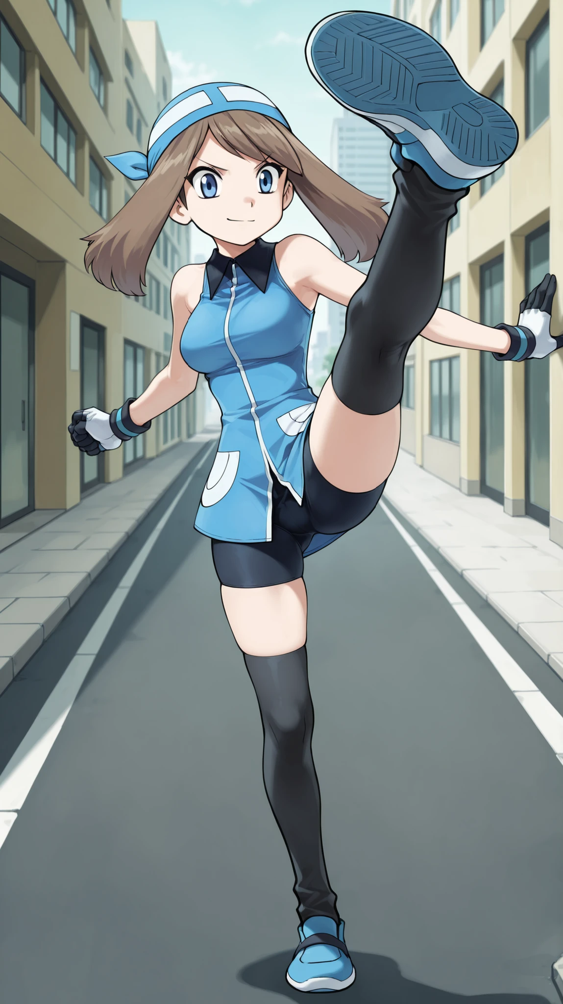 adult older sister, Tall, big boobs, high kick, Kick the viewer, black knee-high stockings, Absolute region, thighs, Blue shoes, ((anime screenshot, anime cong, )) SapphireBirchILXL, ((top quality)), ((masterpiece)), ((details)), solo, 1girl, two legs, two arms, anime coloring book, 1 woman, Age 18, Full Body, Slim System, Brown hair color , twin tail, blue eyes, A determined smile, blue bandana, blue sleeveless tunic, Miwaki, black bike shorts, gloves, standing, City, Sidewalk, May, (\Pokémon\), score_9, score_8_excellent, score_7_excellent, score_6_excellent, Source_anime, cell shading, gradation background, vector,