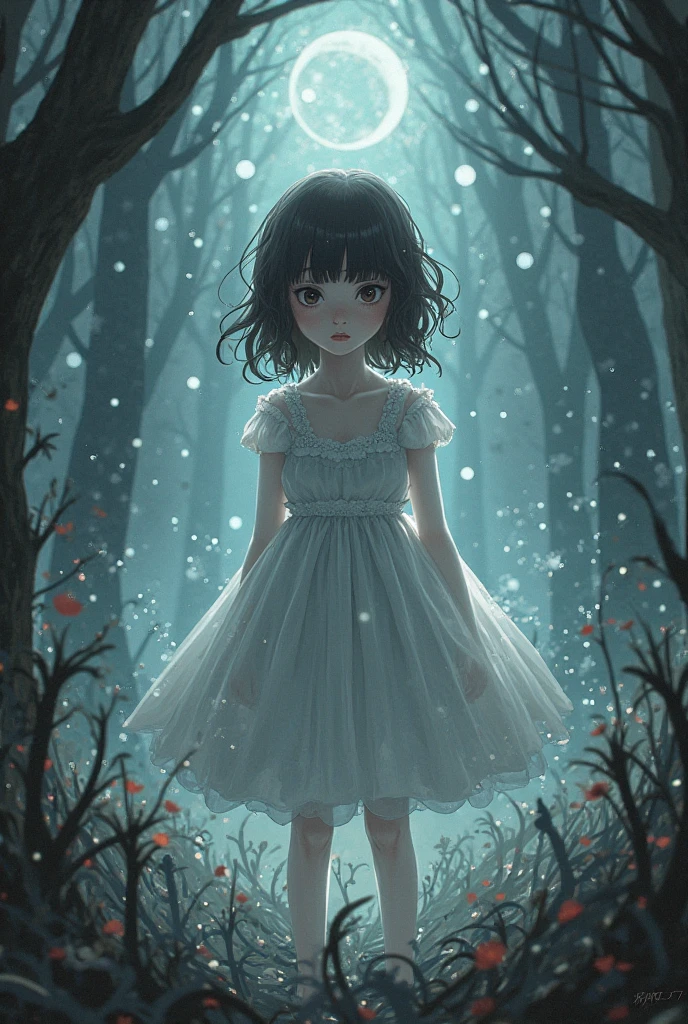Cute anime girl, with blood in which she has loose clothing and a pastel pink shirt with a light pastel pink skirt with slippers and a dead woman in front of her and the background is dark and gloomy