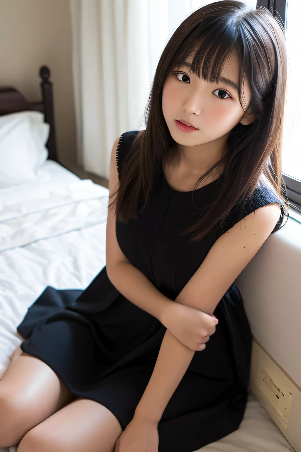 8k,Japanese,6 years old,innocent face,teenage girl,cute,transparent short skirts, transparent summer clothes, sitting,black hair,on the bed,coastline,hair clip,night view,starry sky