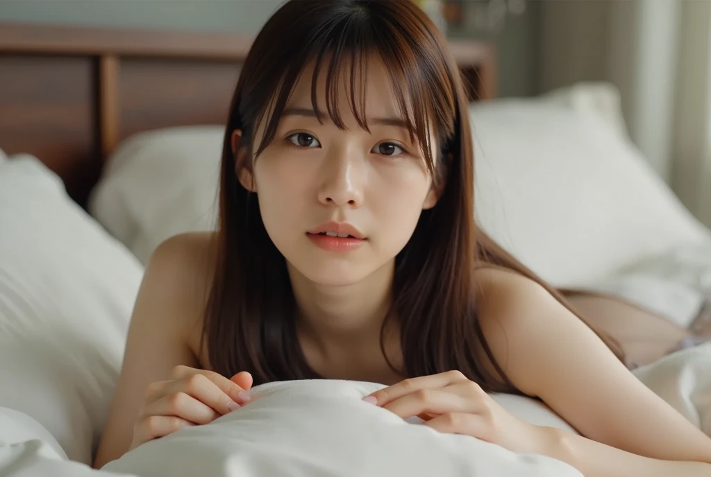 Nogizaka 46 Girls、a beauty girl、nudde、NSFW、body shot、hotel、closing eye、Wearing sweat、Tears appear
