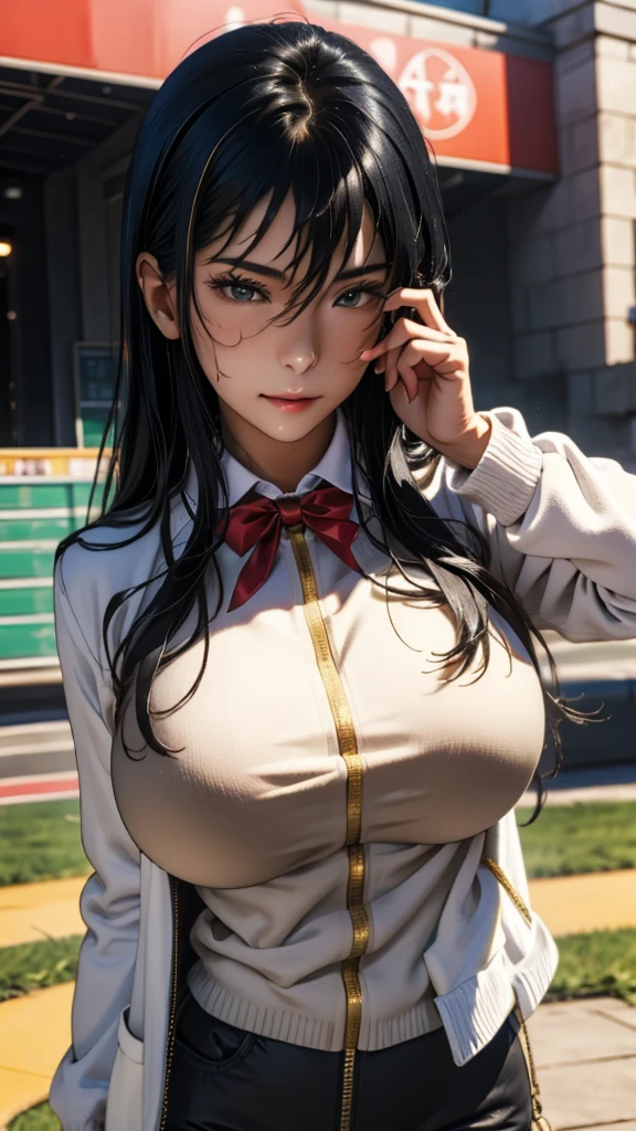 1girl,The upper body is a dark blue short-sleeved suit jacket, paired with a white shirt and a black tie. The jacket is decorated with white stripes, which adds a sense of fashion and layering. The lower body is a dark blue skirt that matches the jacket, , huge breasts, lactation, starry background, elegance, magical atmosphere, (soft lighting:1.5), serene, graceful, beautiful detailed eyes, beautiful detailed lips, extremely detailed face, long eyelashes, standing pose, focus on thighs and above, (best quality, 4k, 8k, highres, masterpiece:1.2), ultra-detailed, (realistic, photorealistic, photo-realistic:1.37), vibrant colors, Nanami