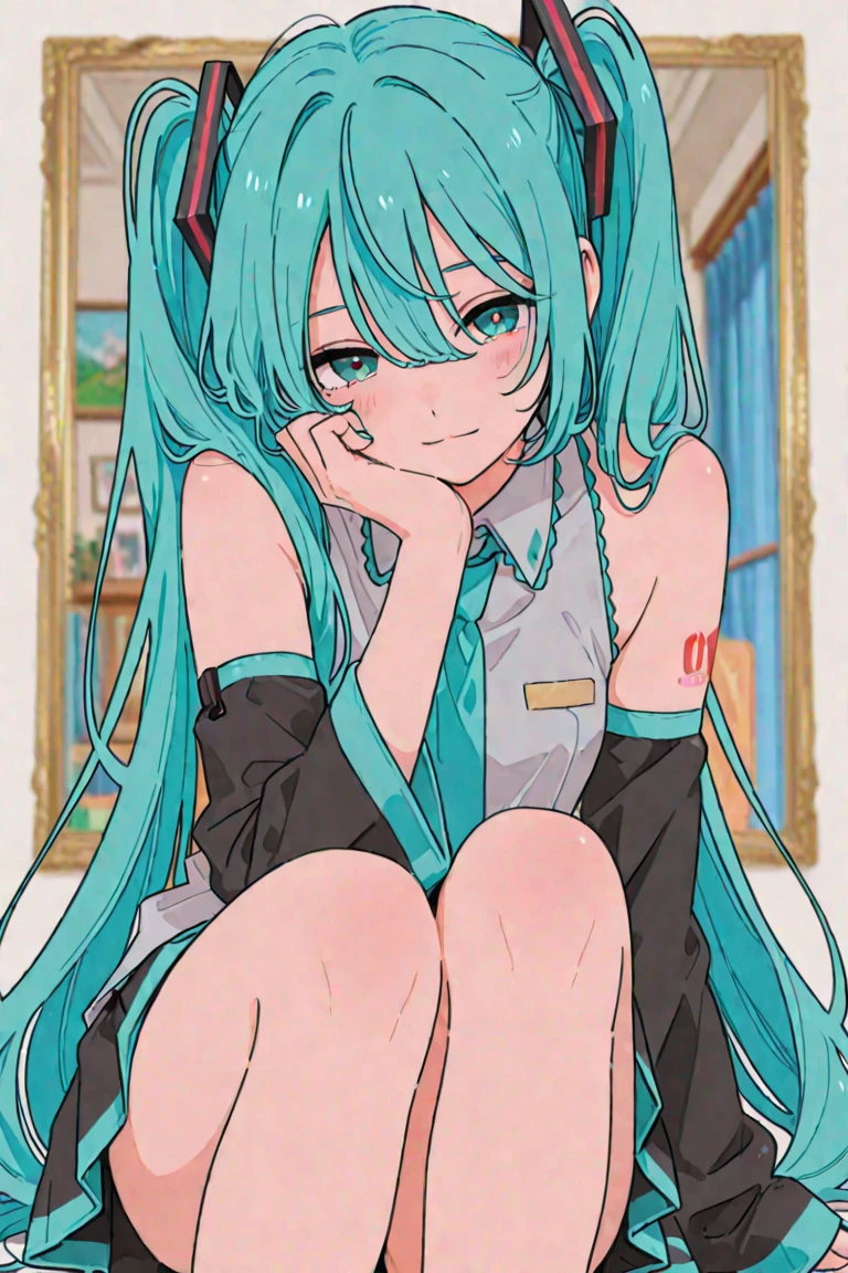 1girl, (masterpice:1.3), highres, high detailed, high quality, (solo), 4k, cg, pixiv, (perfect face and eyes), detailed face, dynamic light, intense shadows, intricate_details, highres, ultra-detailed, (8k, (hatsune miku:1.3), room, detailed room, smile, sitting, cross arms, looking at viewer, <lora:Suki_na_Ko_ga_Megane_wo_Wasureta_style-09:1>, wasureta style, glasses