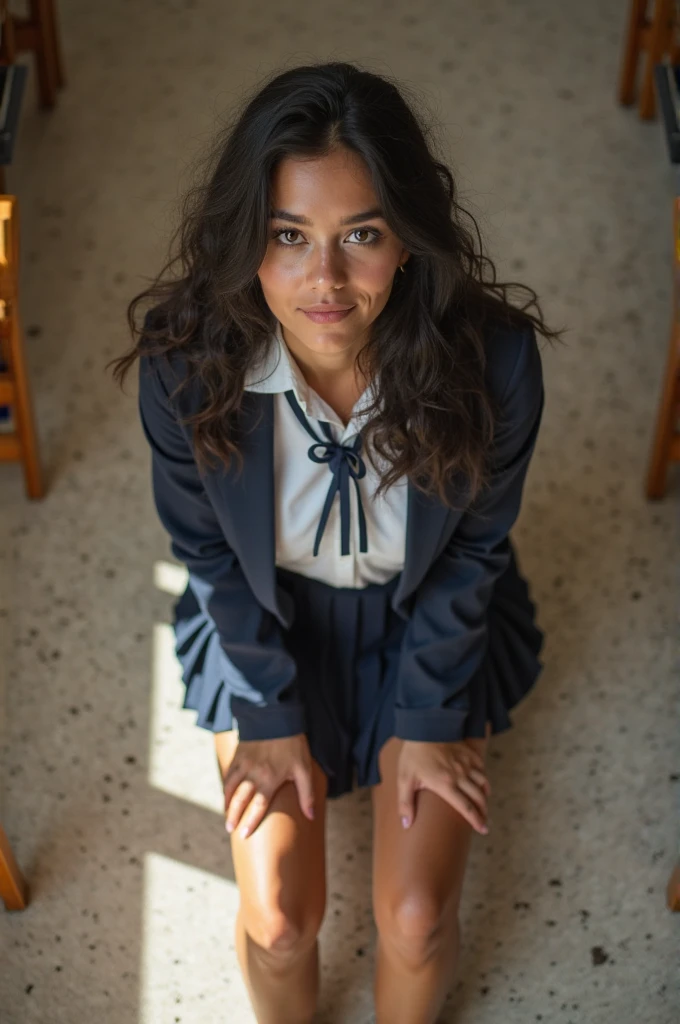 a 35 years old brazilian christian woman siting on a bench at a crowded pentecostal church, using a linen miniskirt, without panties, very detailed skin and pussy labia, pantyless, smiling, high definition photograph, upskirt shot, bottom pov, curly hair
